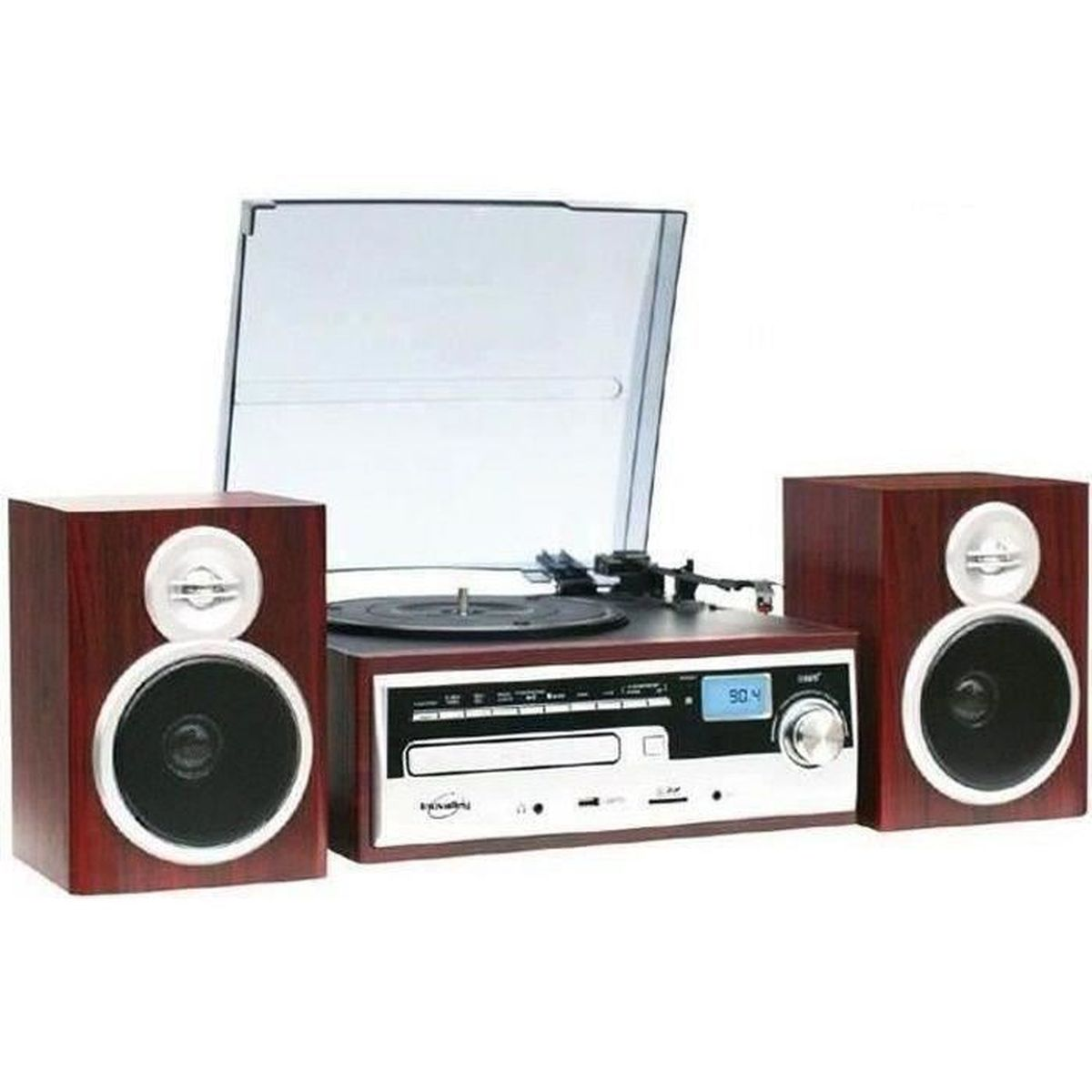 Un impianto stereo con giradischi, due altoparlanti e un coperchio in plastica trasparente. Gli altoparlanti sono marroni con dettagli bianchi.