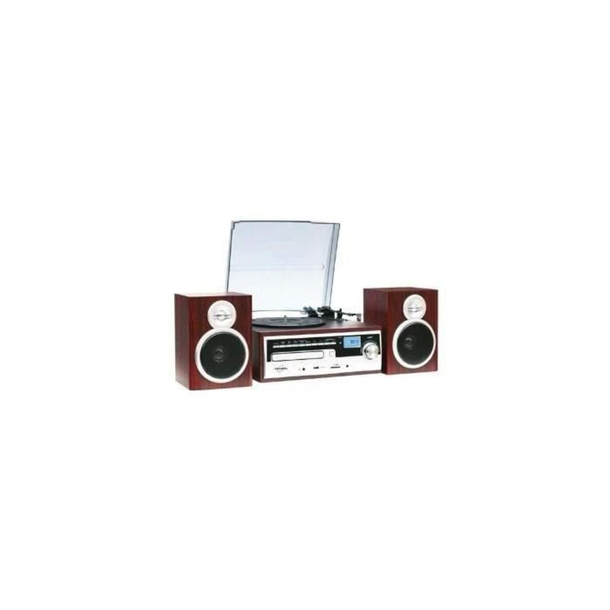 Un impianto stereo con giradischi, due altoparlanti e lettore CD su sfondo bianco.