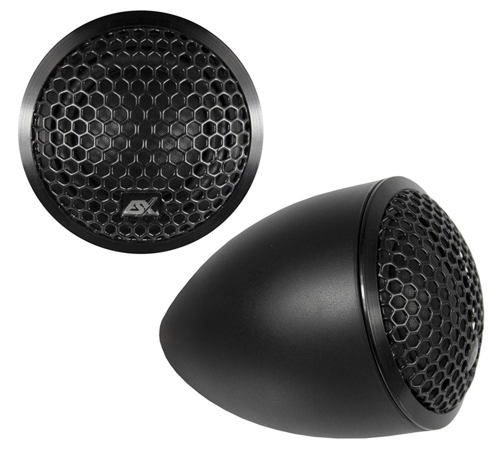 Zwei schwarze Hochtöner für Auto-Audio. Einer ist rund, der andere tropfenförmig. Beide haben ein Wabengitter.