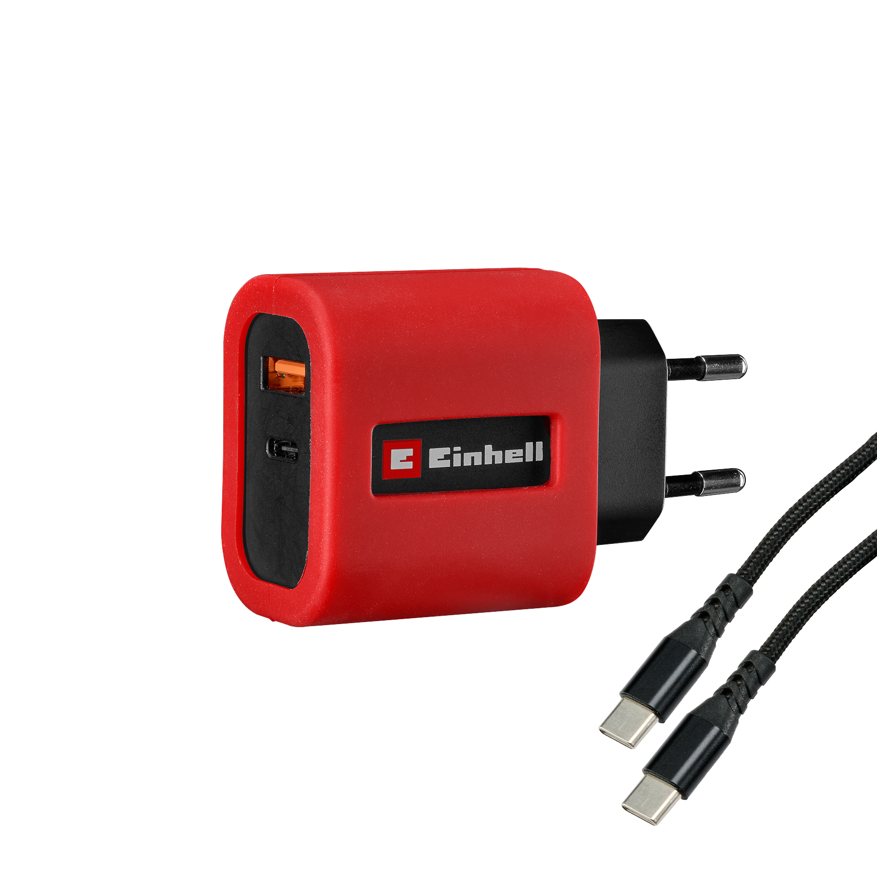 Ein rotes Einhell-Ladegerät mit schwarzem Stecker und einem schwarzen USB-C-Kabel.