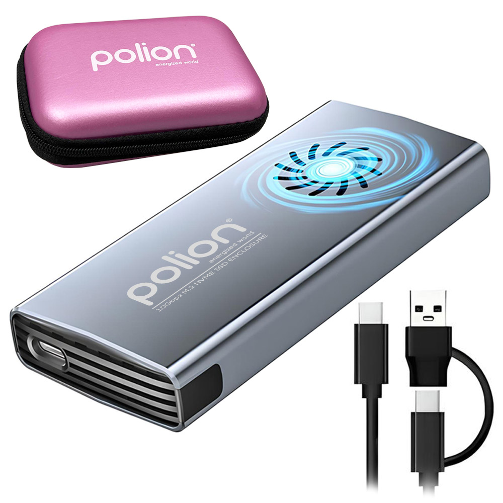 Srebrna obudowa SSD i różowe etui z czarnym zamkiem błyskawicznym. Kable USB po prawej.