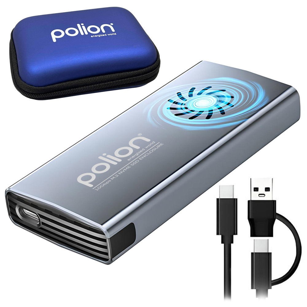 Srebrna obudowa SSD z logo, niebieskie etui i kable. Zawiera złącza USB i USB-C. Etui ma zamek błyskawiczny.