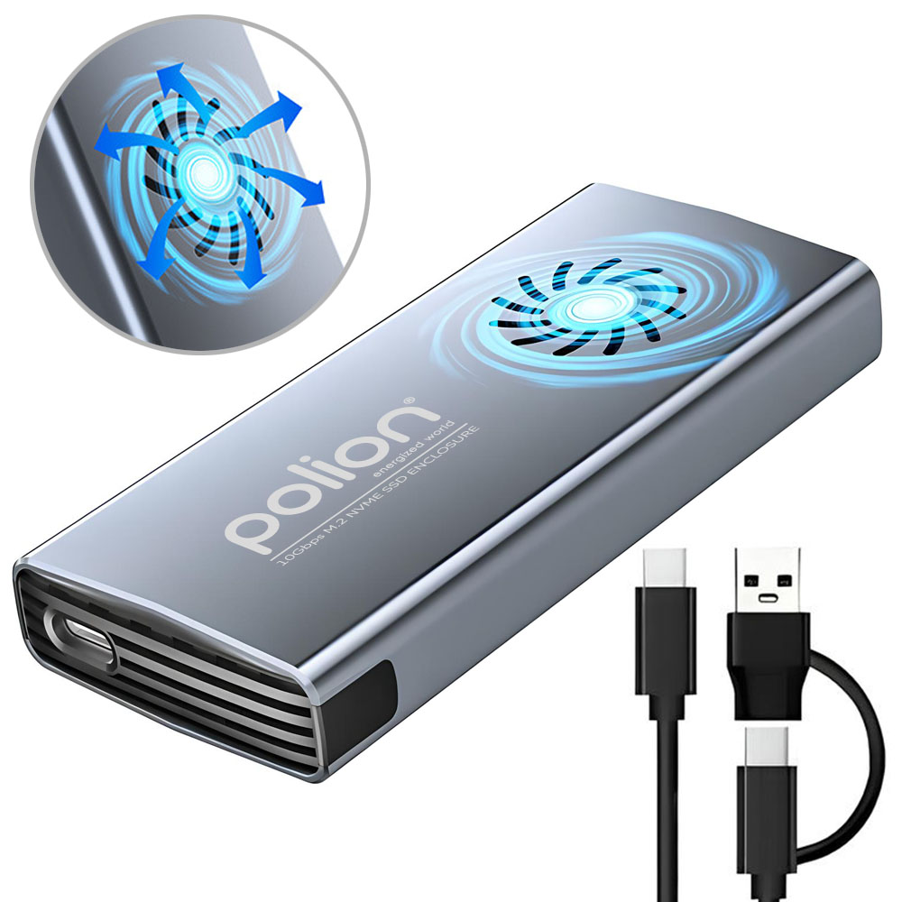 Srebrna obudowa SSD M.2 NVMe Polion z kablem USB i USB-C. Pokazuje konstrukcję wentylatora i szczegółowy obraz chłodzenia.