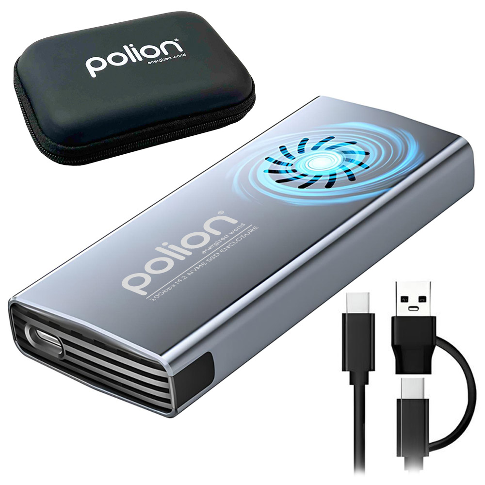 Srebrna obudowa SSD M.2 NVMe polion z czarnym etui, kablami USB i portem USB. Obudowa ma niebieskie światło.