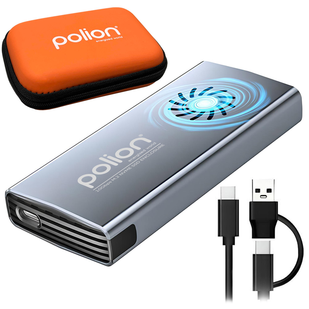 Srebrny zewnętrzny dysk twardy z pomarańczowym etui i dwoma kablami. Dysk twardy ma logo z napisem polion i niebieski wir.