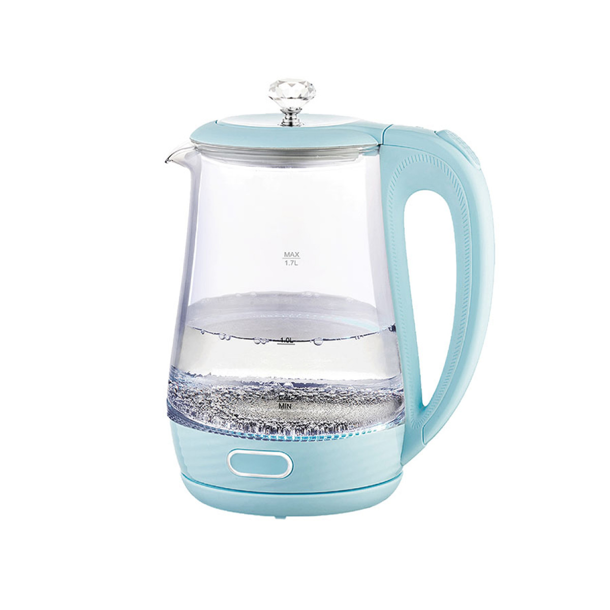 Un bollitore elettrico in vetro trasparente con accenti azzurri. C'è acqua all'interno. Un pomello gioiello in cima. Il manico è blu.