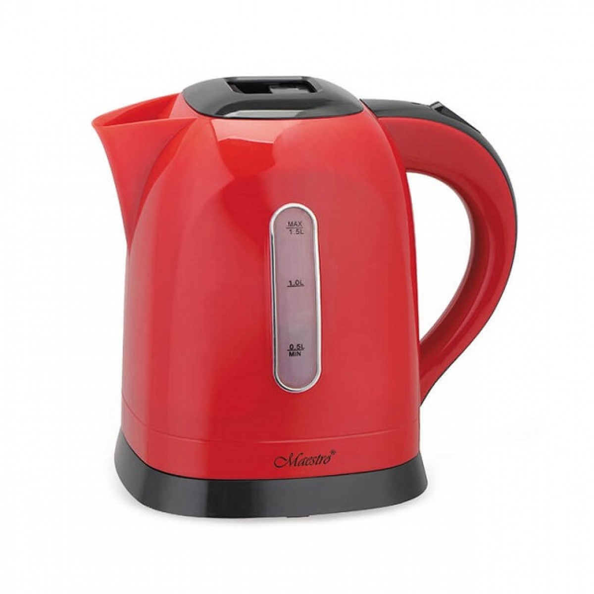 Un bollitore elettrico rosso con manico e base neri. Ha un indicatore del livello dell'acqua e il marchio 'Maestro'.