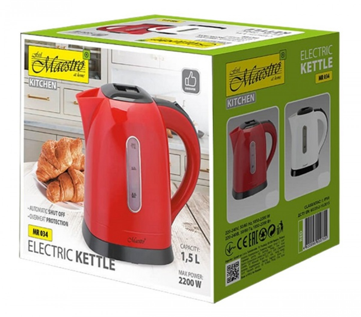 Un bollitore elettrico rosso in una scatola. La scatola presenta immagini del bollitore e dei croissant. Porta il marchio Maestro.