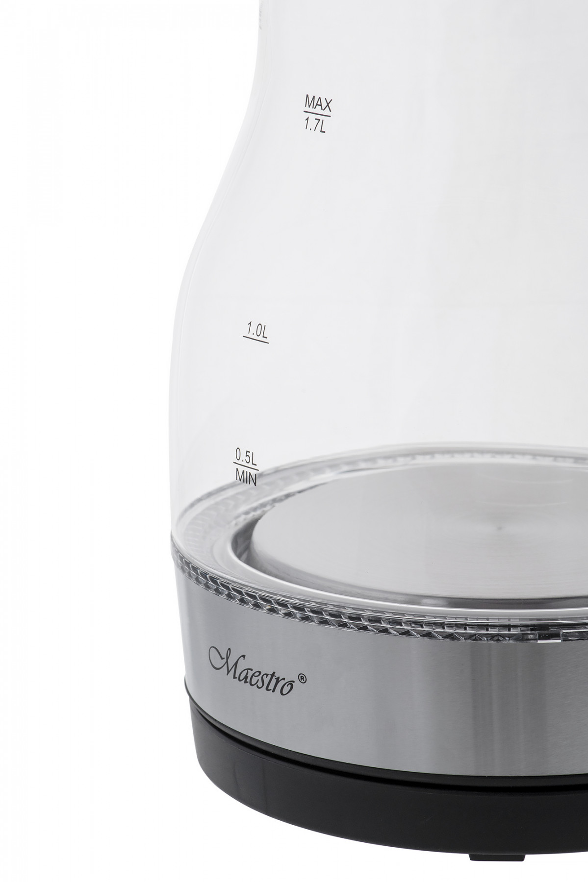 Un bollitore elettrico in vetro trasparente con base argentata. Ha indicatori di livello dell'acqua e il logo Maestro.