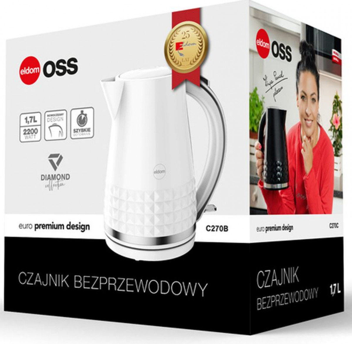 Biały czajnik elektryczny na pudełku. Kobieta trzyma czarny czajnik z boku. Tekst zawiera markę i szczegóły produktu.