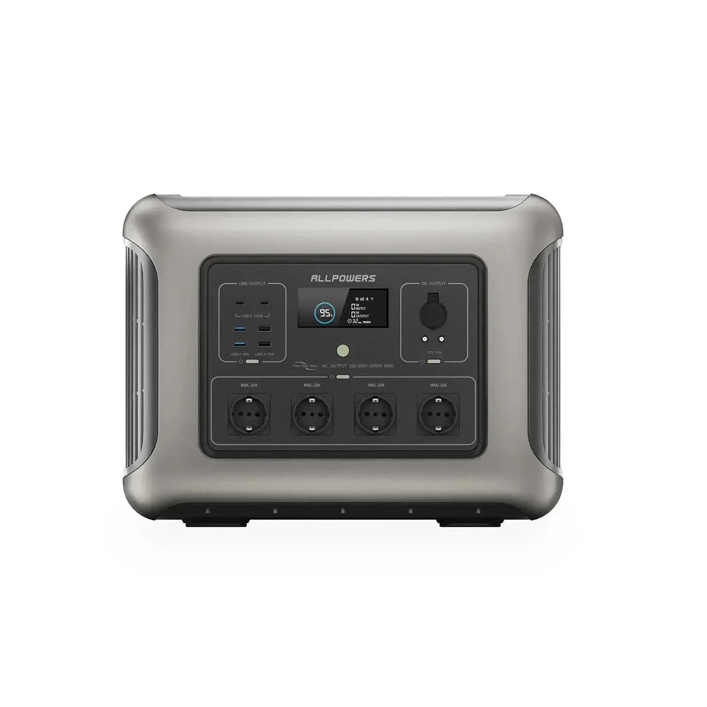 Srebrno-czarna elektrownia Allpowers. Posiada wyjścia USB, AC i DC. Zawiera cyfrowy wyświetlacz pokazujący procent naładowania baterii i inne dane.