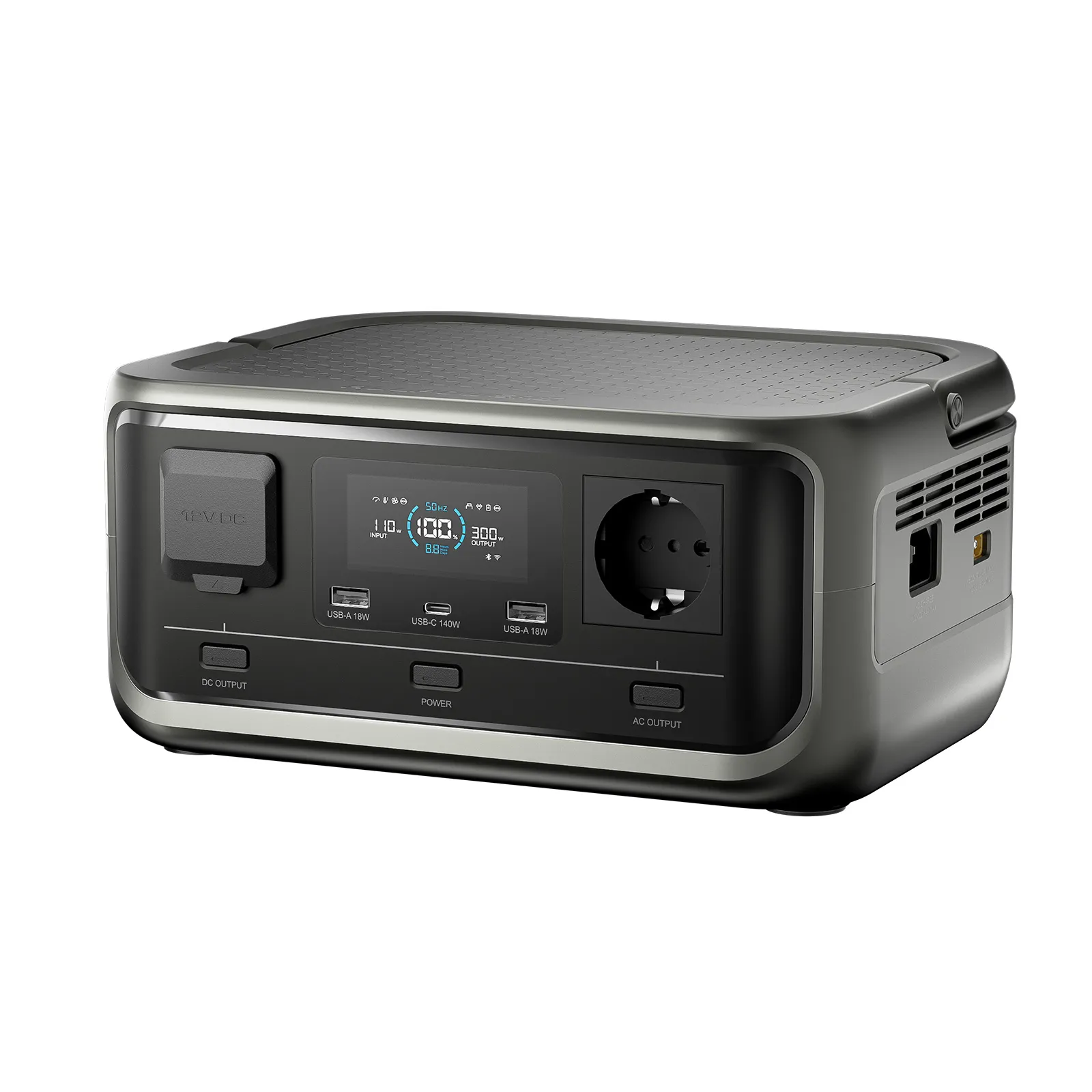 Ciemnoszara przenośna stacja zasilania z wyświetlaczem cyfrowym, portami USB i gniazdem AC. Na białym tle.