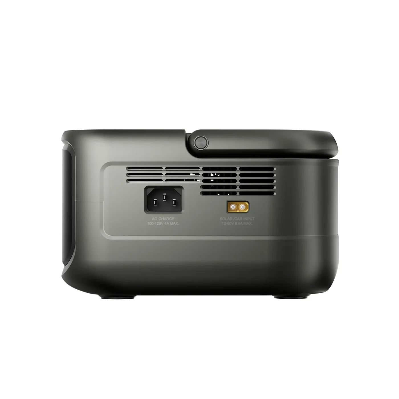 Ciemnoszara przenośna elektrownia, widok z boku. Posiada porty ładowania AC i wejścia solarnego/samochodowego, otwory wentylacyjne i uchwyt.