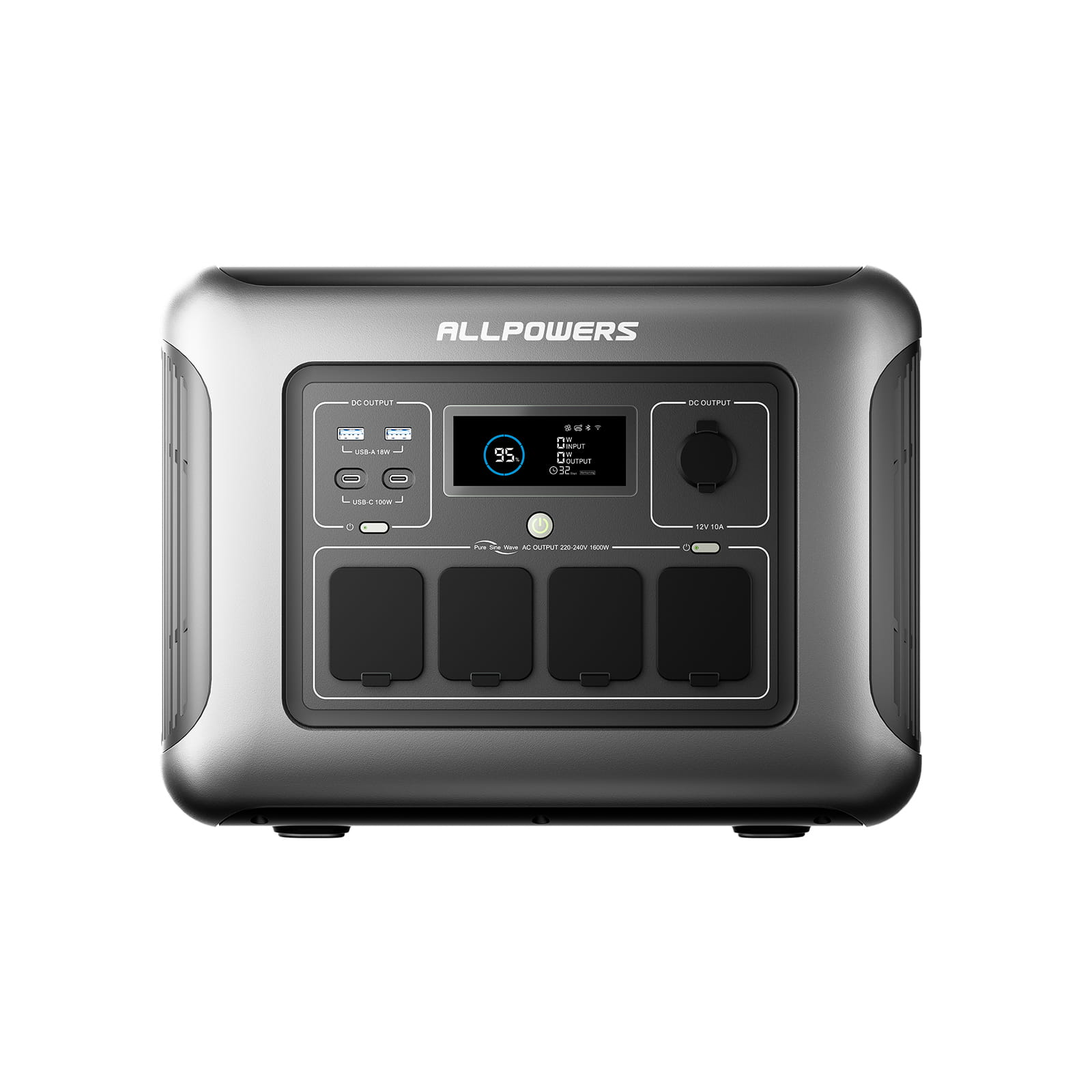 Srebrno-czarna elektrownia z portami, wyświetlaczem pokazującym 95% i logo Allpowers.
