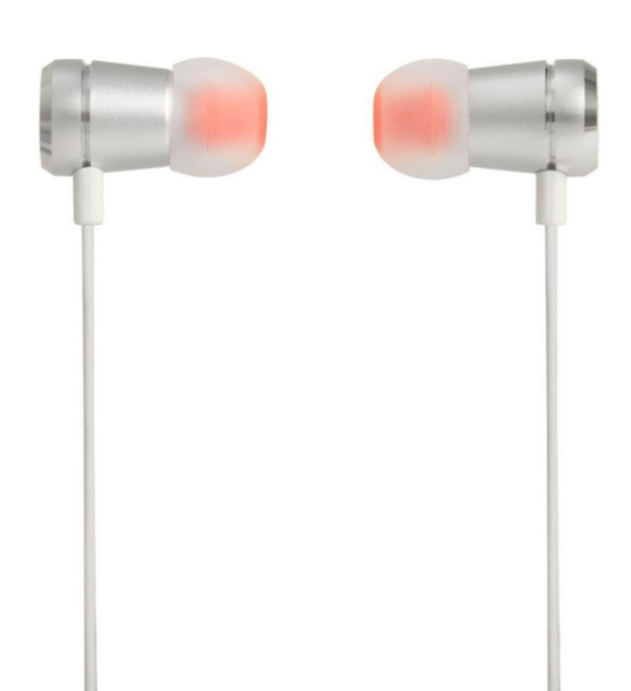 Auriculares plateados con cables blancos y puntas naranjas. Aislados sobre fondo blanco. Los auriculares miran al espectador.
