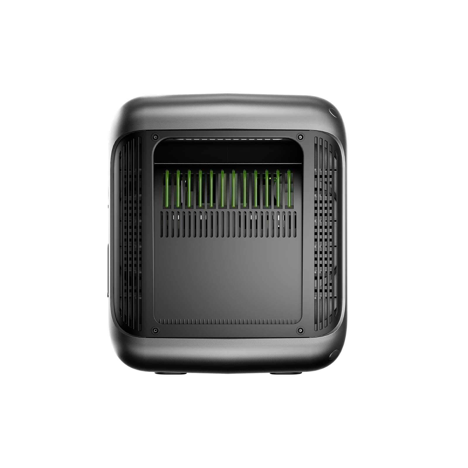 Czarne, prostokątne urządzenie z centralnym otworem wentylacyjnym zawierającym pionowe zielone paski. Tło białe.