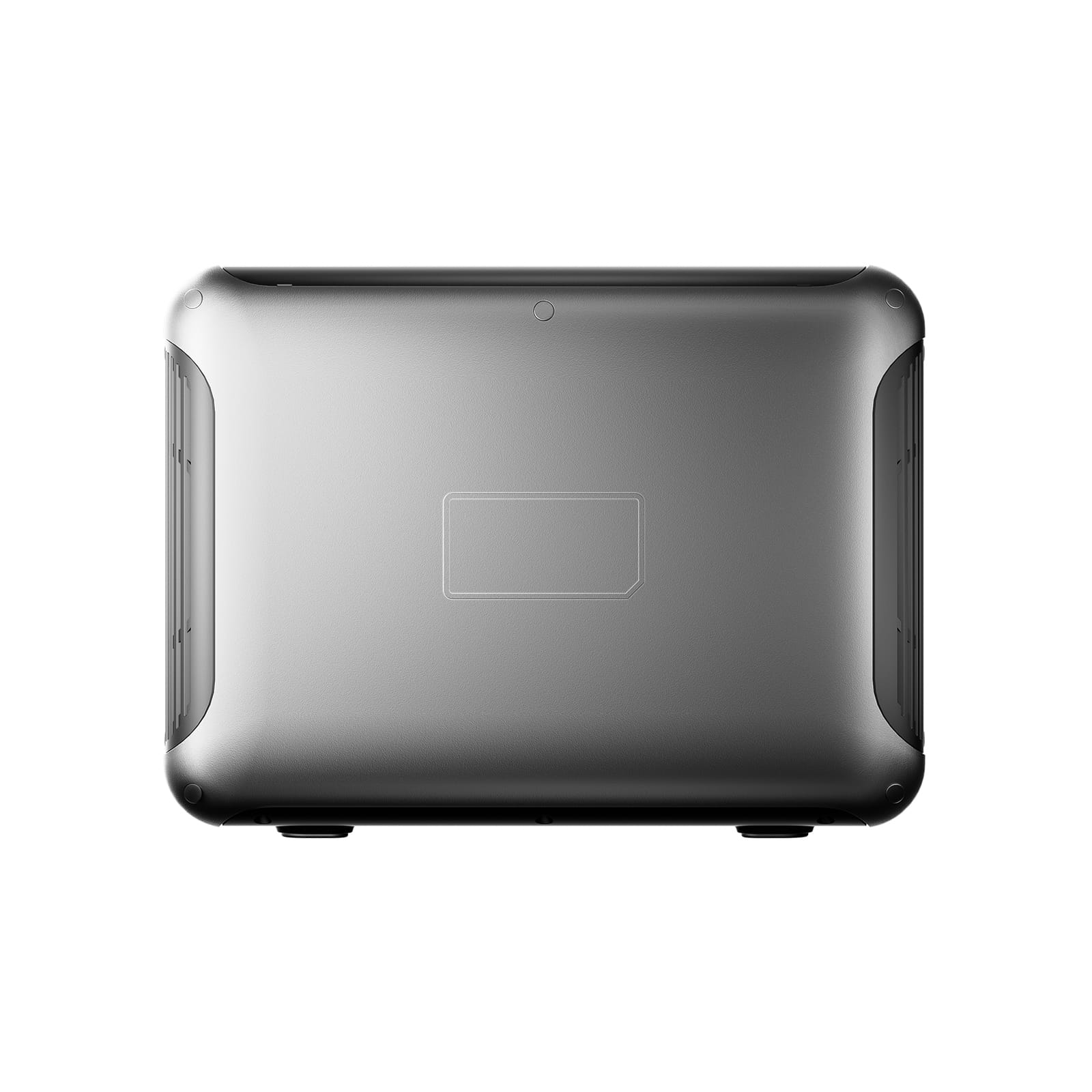 Prostokątne, metalicznie szare urządzenie, prawdopodobnie power bank, na białym tle. Ma zaokrąglone rogi i wklęsły obszar.