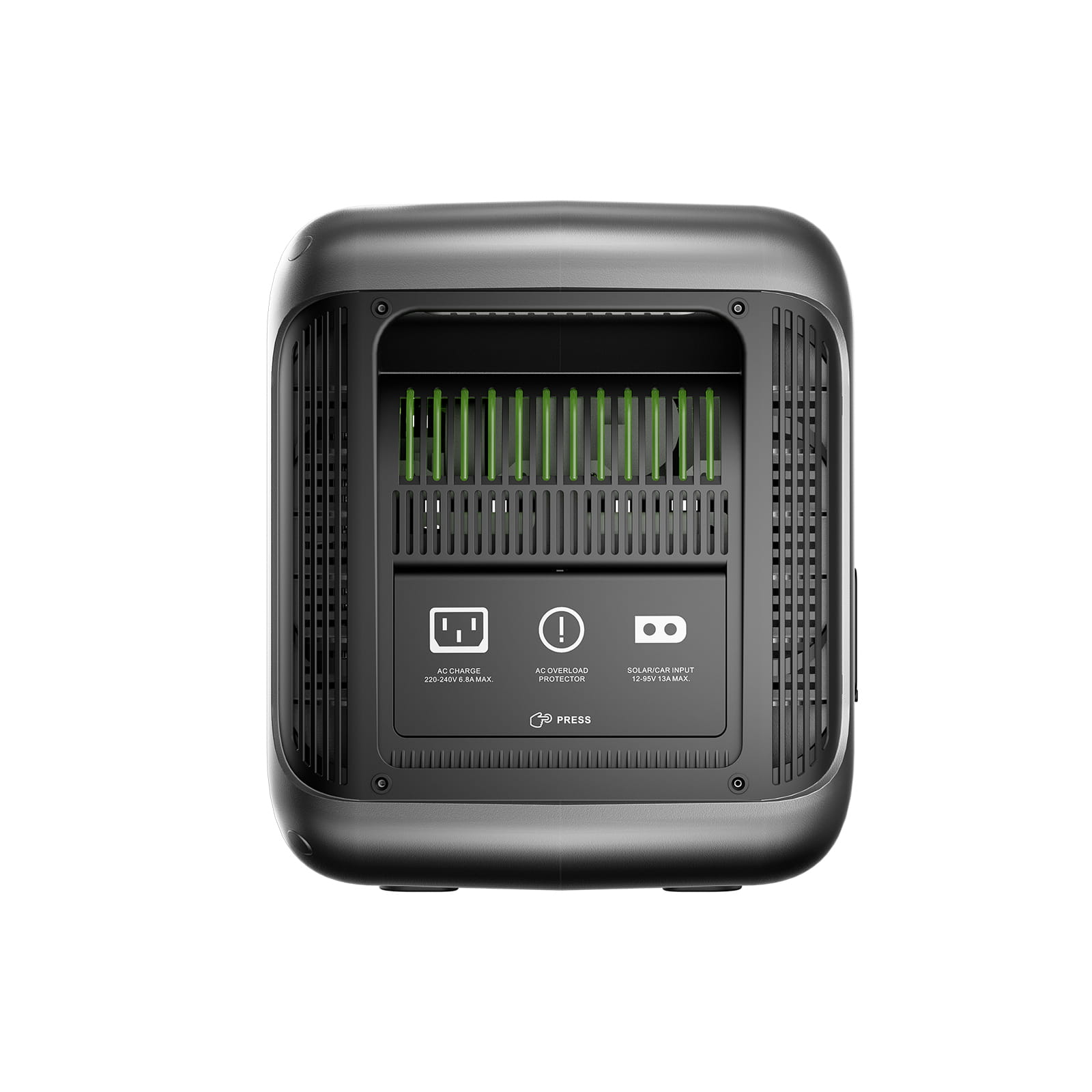 Czarny widok z tyłu elektrowni. Posiada ładowanie AC, zabezpieczenie przed przeciążeniem i wejście słoneczne/samochodowe, z zielonymi częściami wewnętrznymi.