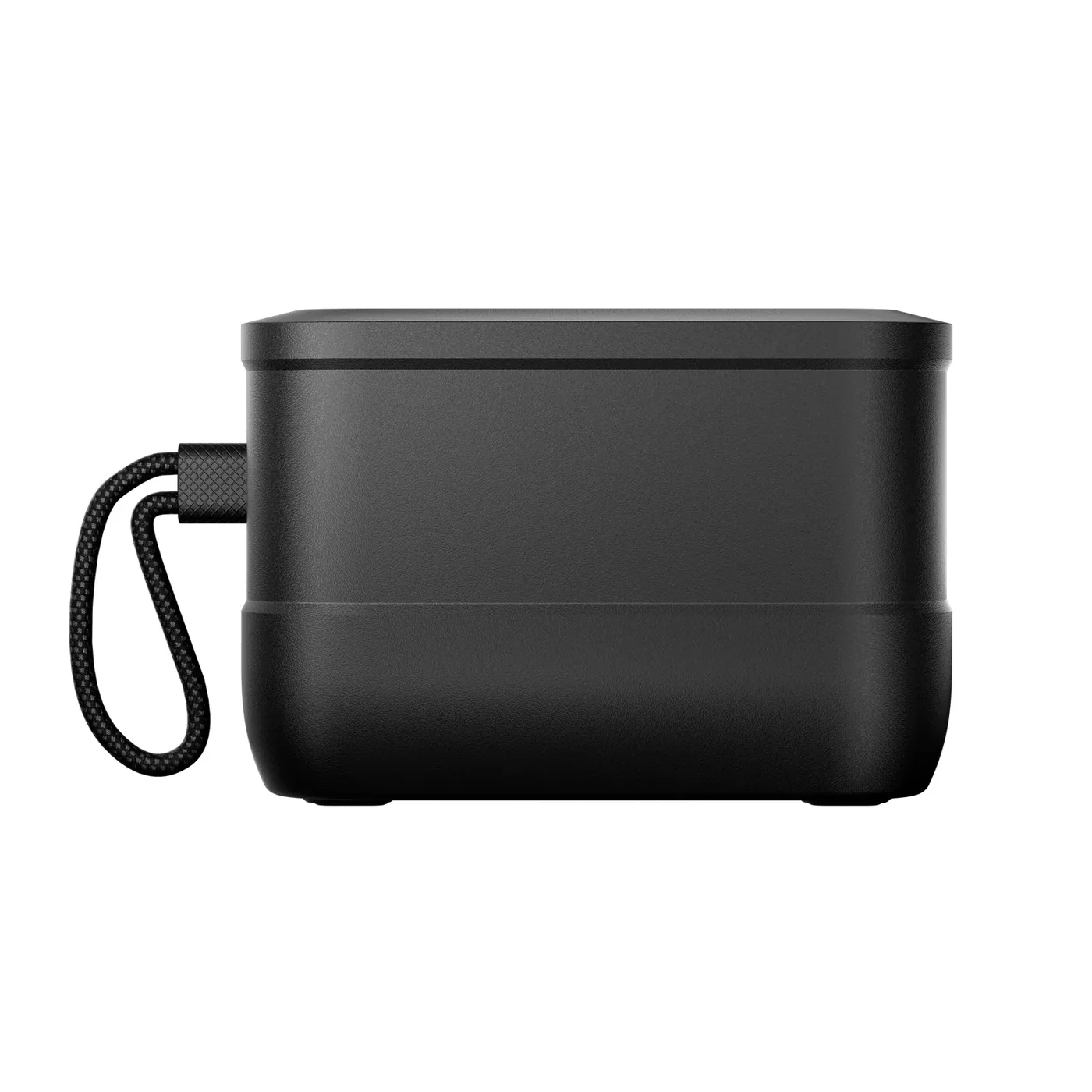 Czarny prostokątny głośnik z czarnym uchwytem i czarnym złączem po lewej stronie, na białym tle.