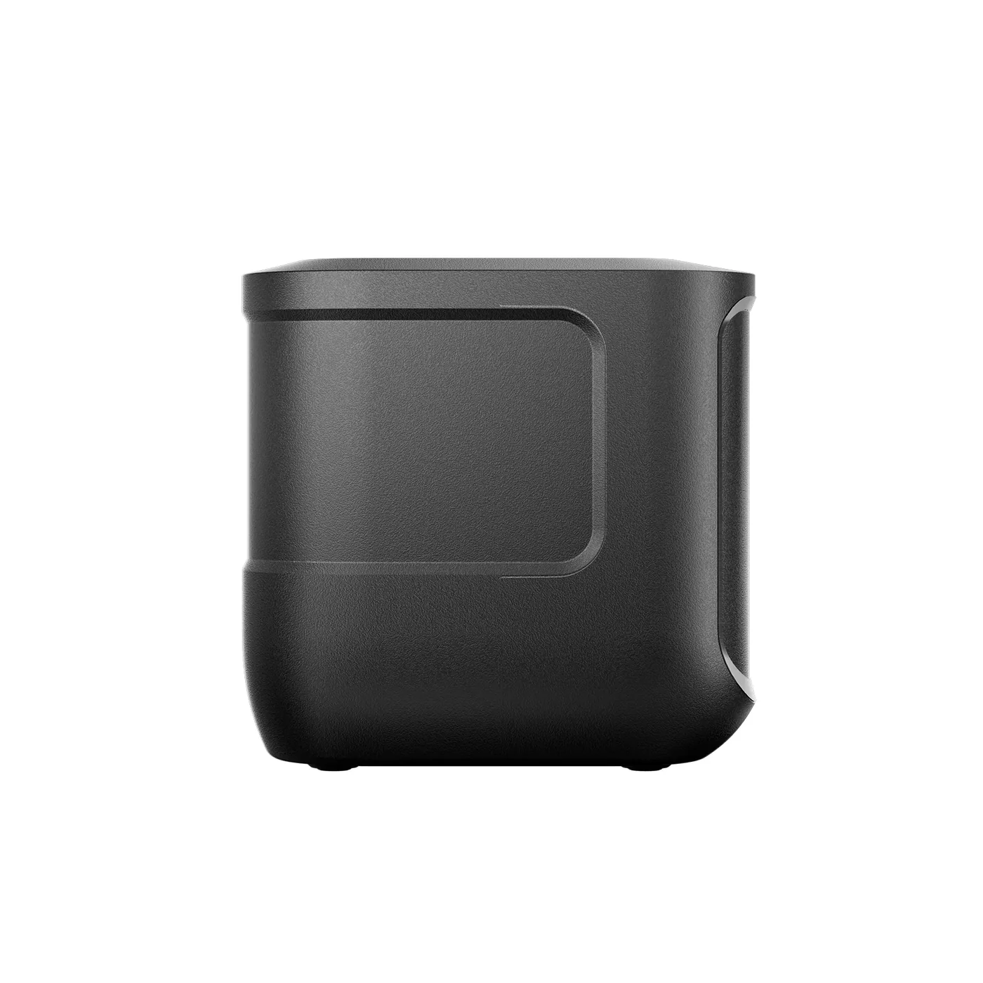 Czarne, prostokątne urządzenie z zaokrąglonymi rogami i wpuszczonym panelem z boku, na białym tle.