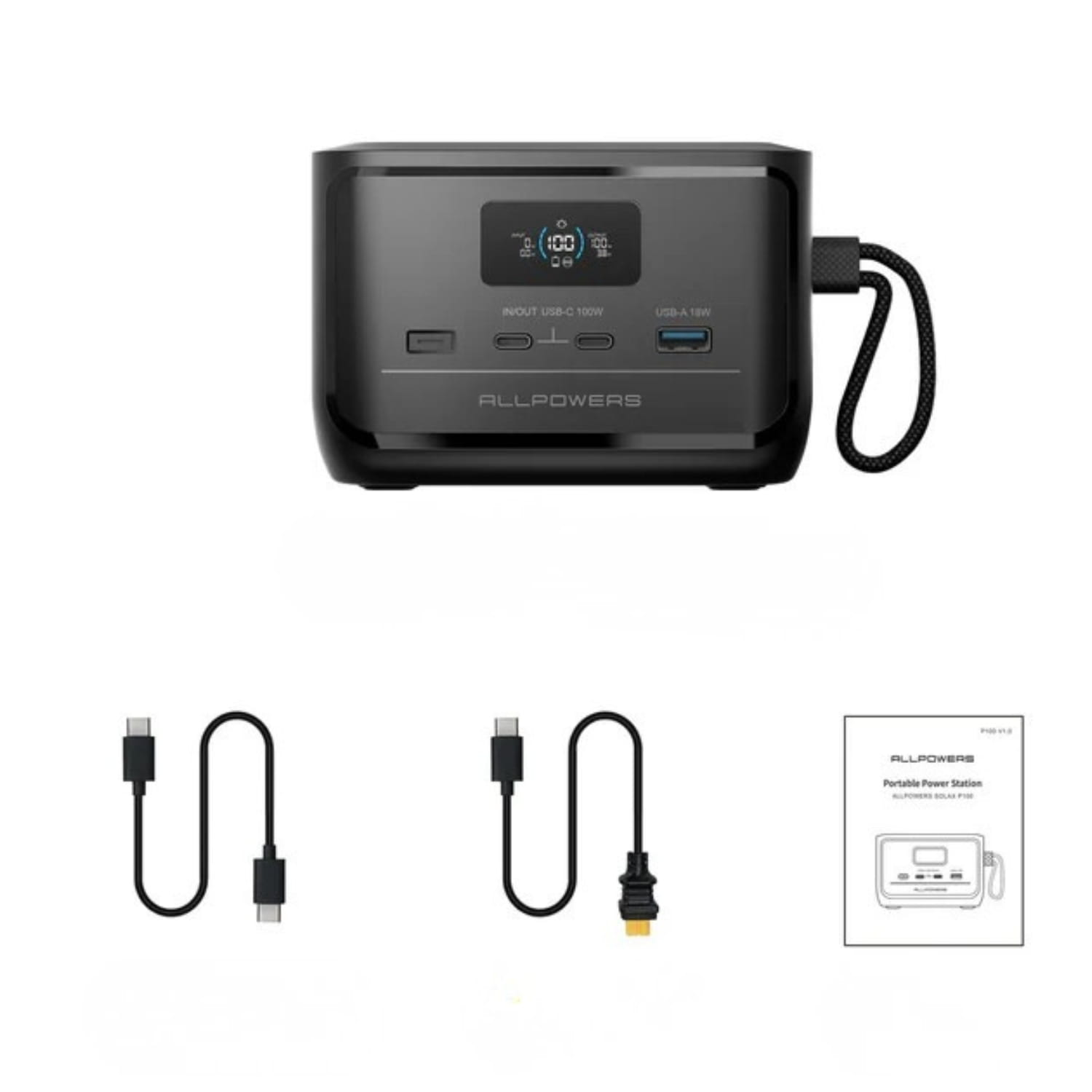 Czarna przenośna stacja zasilania z wyświetlaczem, kablami i instrukcją na białym tle.