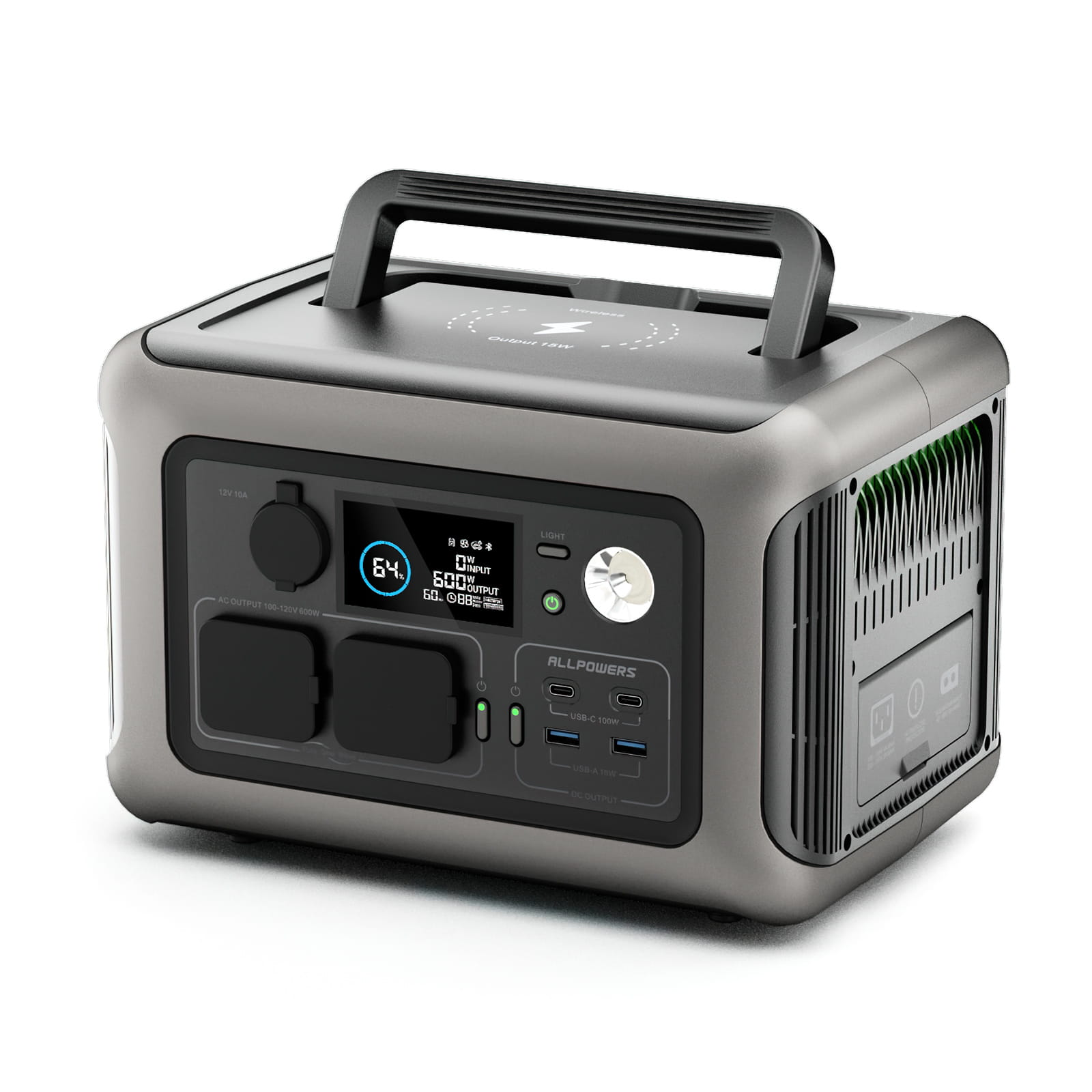 Szara stacja zasilania Allpowers. Ma uchwyt, wyświetlacz, porty i otwory wentylacyjne. Wyświetlacz pokazuje żywotność baterii i moc wyjściową.