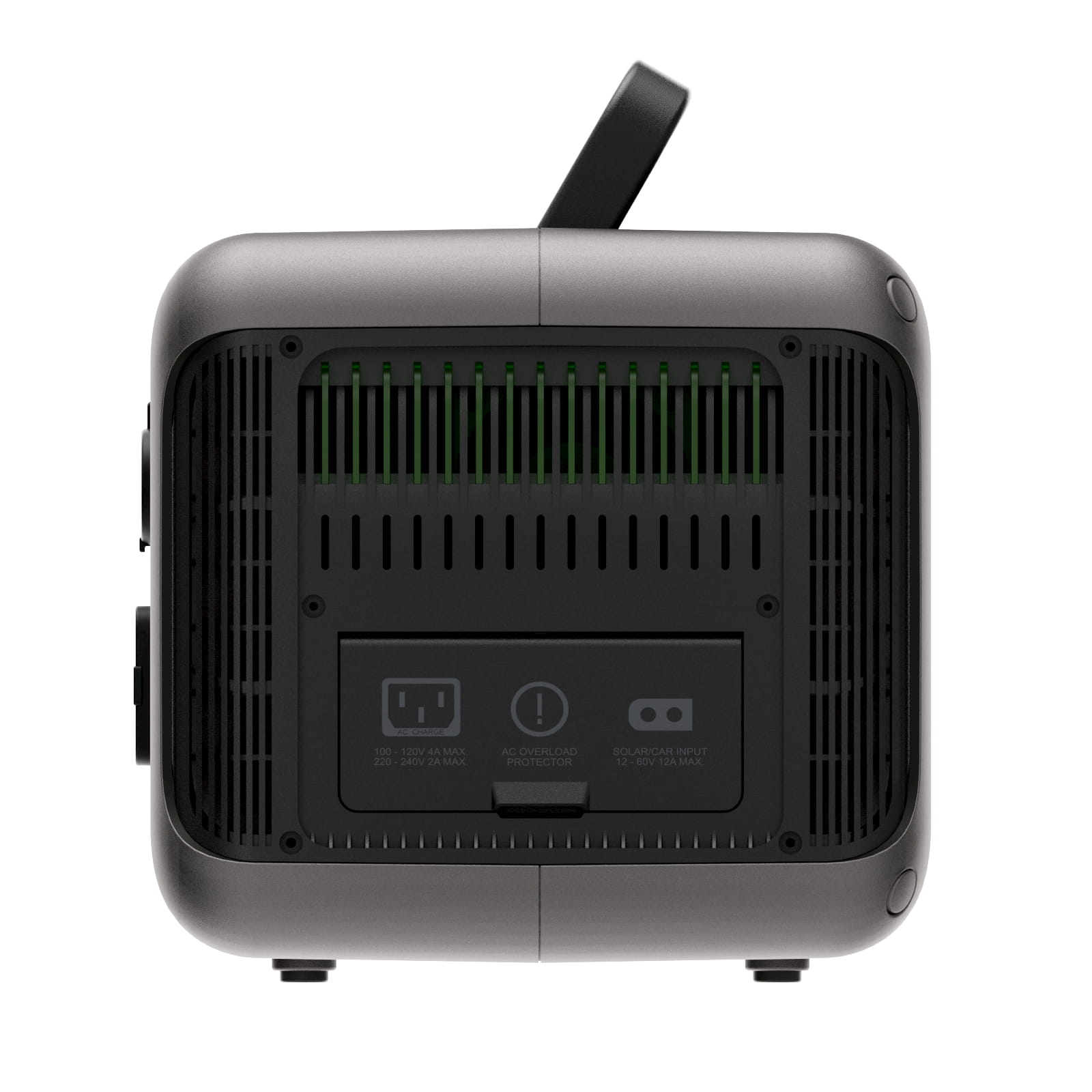 Szara stacja zasilania z czarnym uchwytem. Posiada otwory wentylacyjne, zielone akcenty i etykiety wejścia/wyjścia.