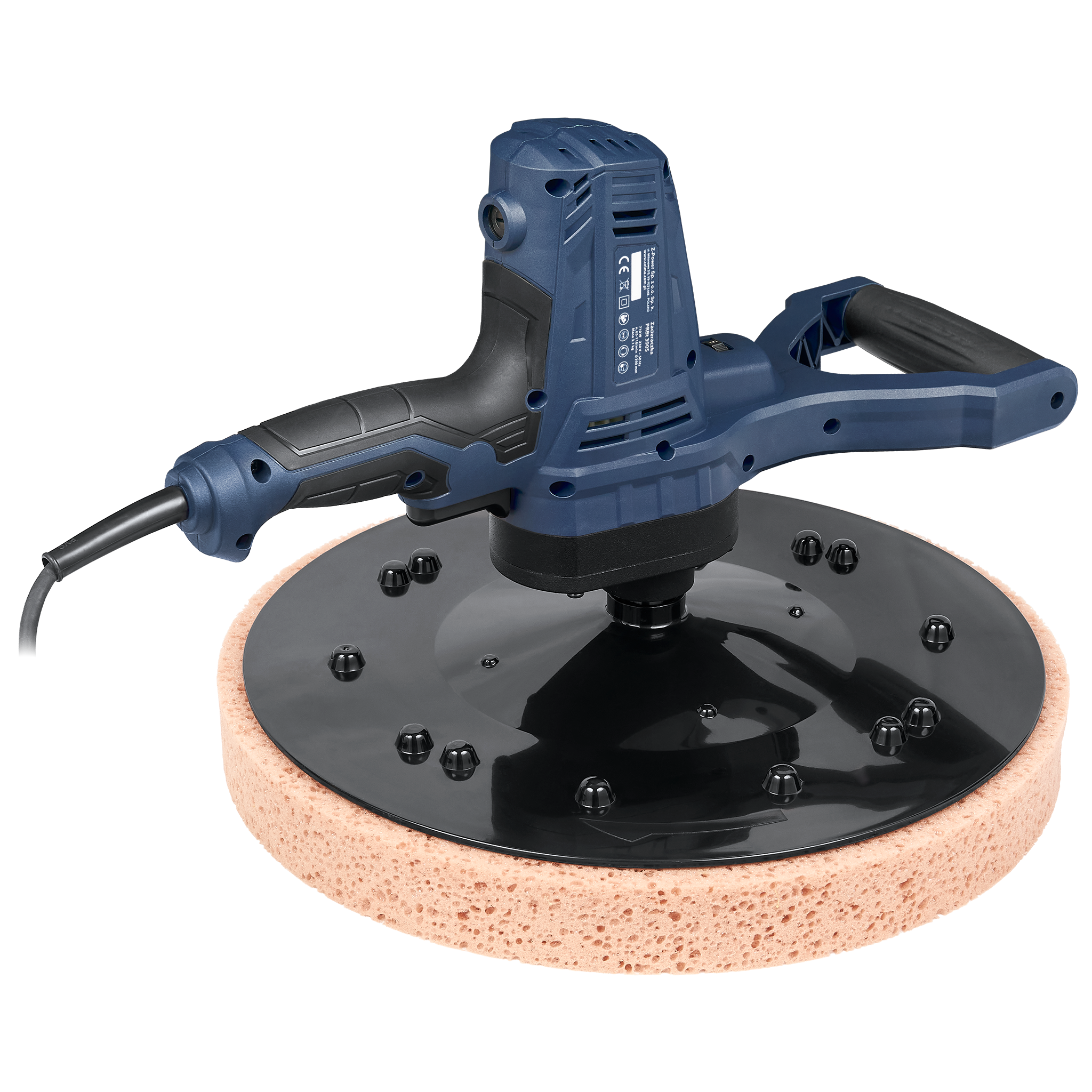 Niebiesko-czarne elektronarzędzie z okrągłą nakładką i gąbką. Narzędzie służy do szlifowania lub polerowania.