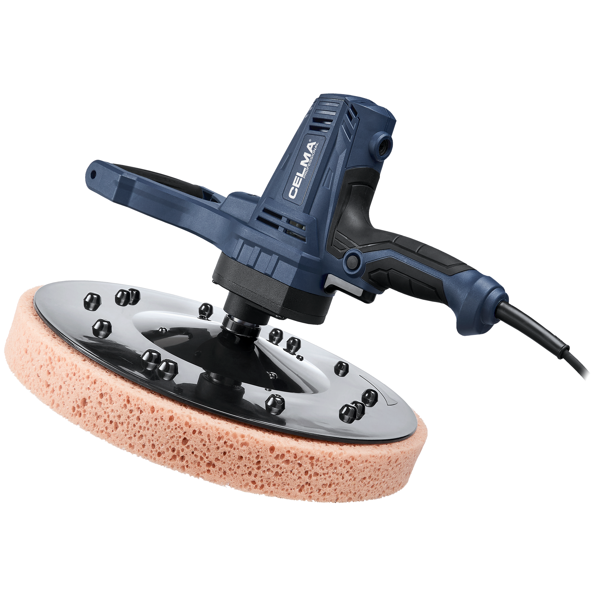 Niebiesko-czarne elektronarzędzie z różową podkładką przypominającą gąbkę. Marka to Celma.