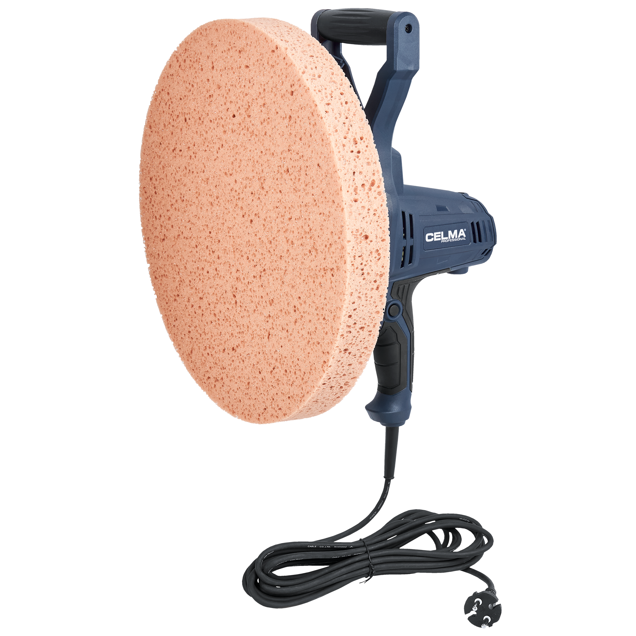 Elektronarzędzie z dużą pomarańczową gąbką. Ma niebieski korpus i czarny przewód zasilający.