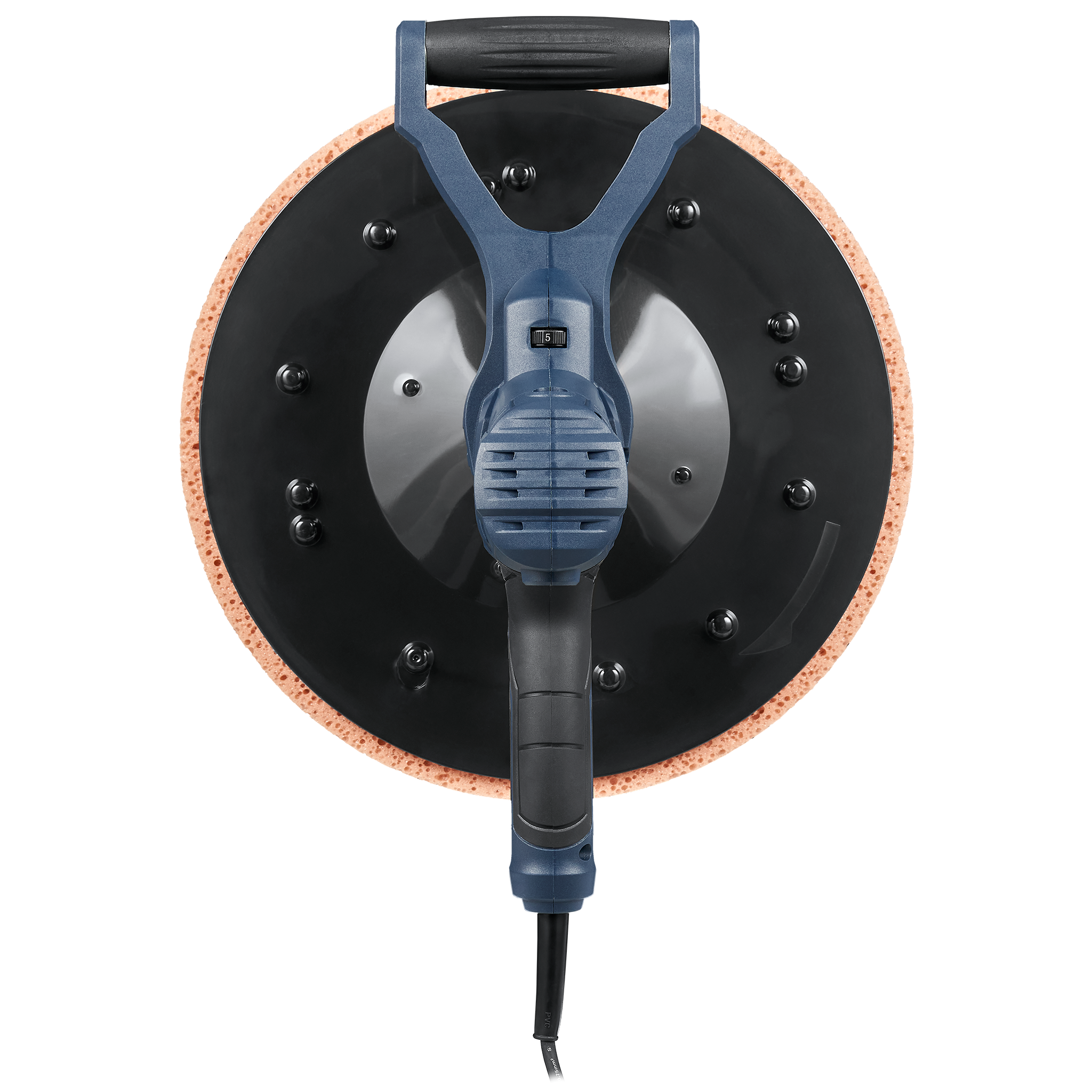 Niebiesko-czarna elektryczna szlifierka do płyt gipsowo-kartonowych. Ma okrągłą tarczę szlifierską z gąbczastą krawędzią i uchwyt.