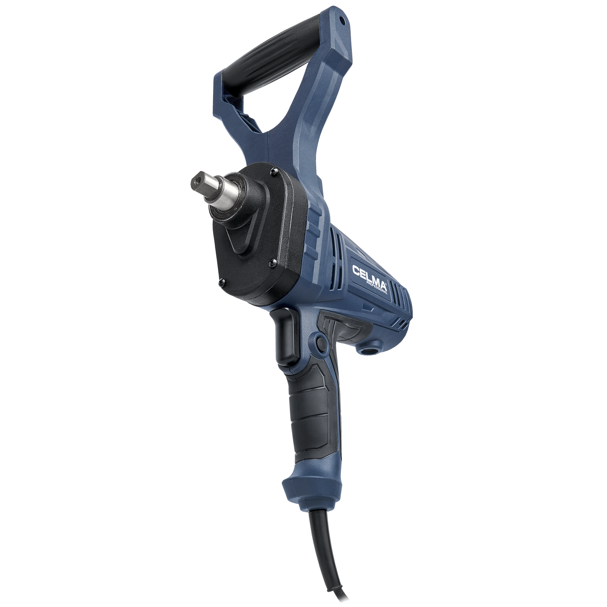 Niebiesko-czarne elektronarzędzie z uchwytem. Widoczna marka CELMA. Czarny kabel wychodzi od dołu.