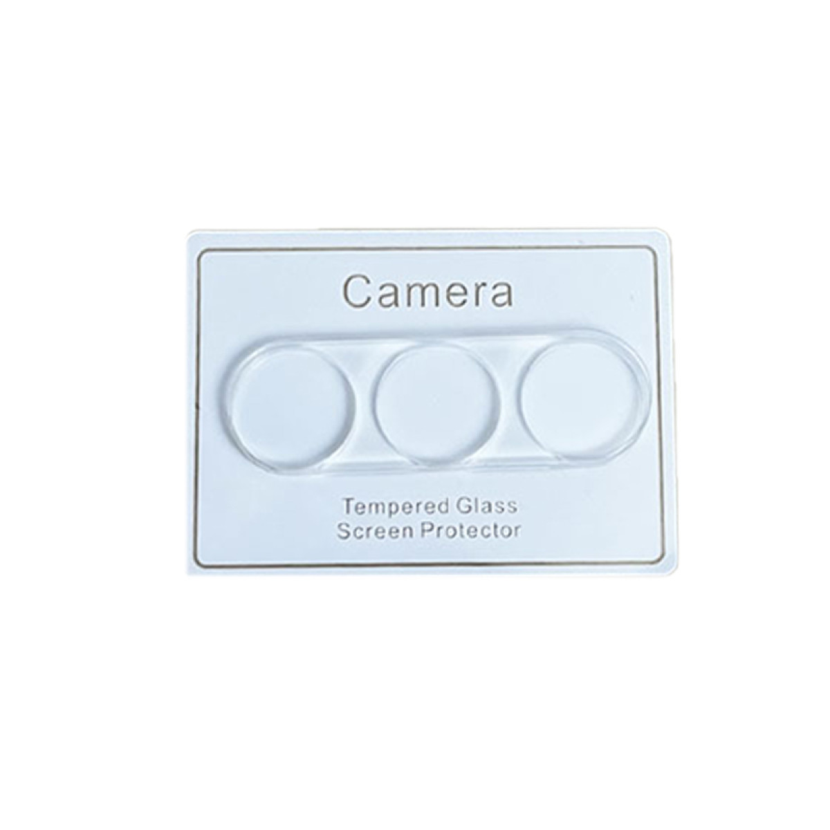 Biała karta ze słowem 'Camera' i 'Tempered Glass Screen Protector', z trzema przezroczystymi kołami.