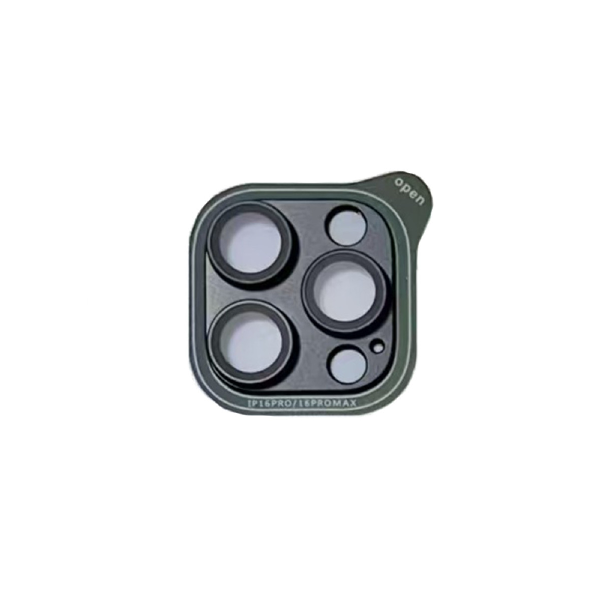 Un proteggi fotocamera per iPhone verde scuro. Ha quattro grandi aperture per lenti e una piccola. La parola 'aperto' è visibile.