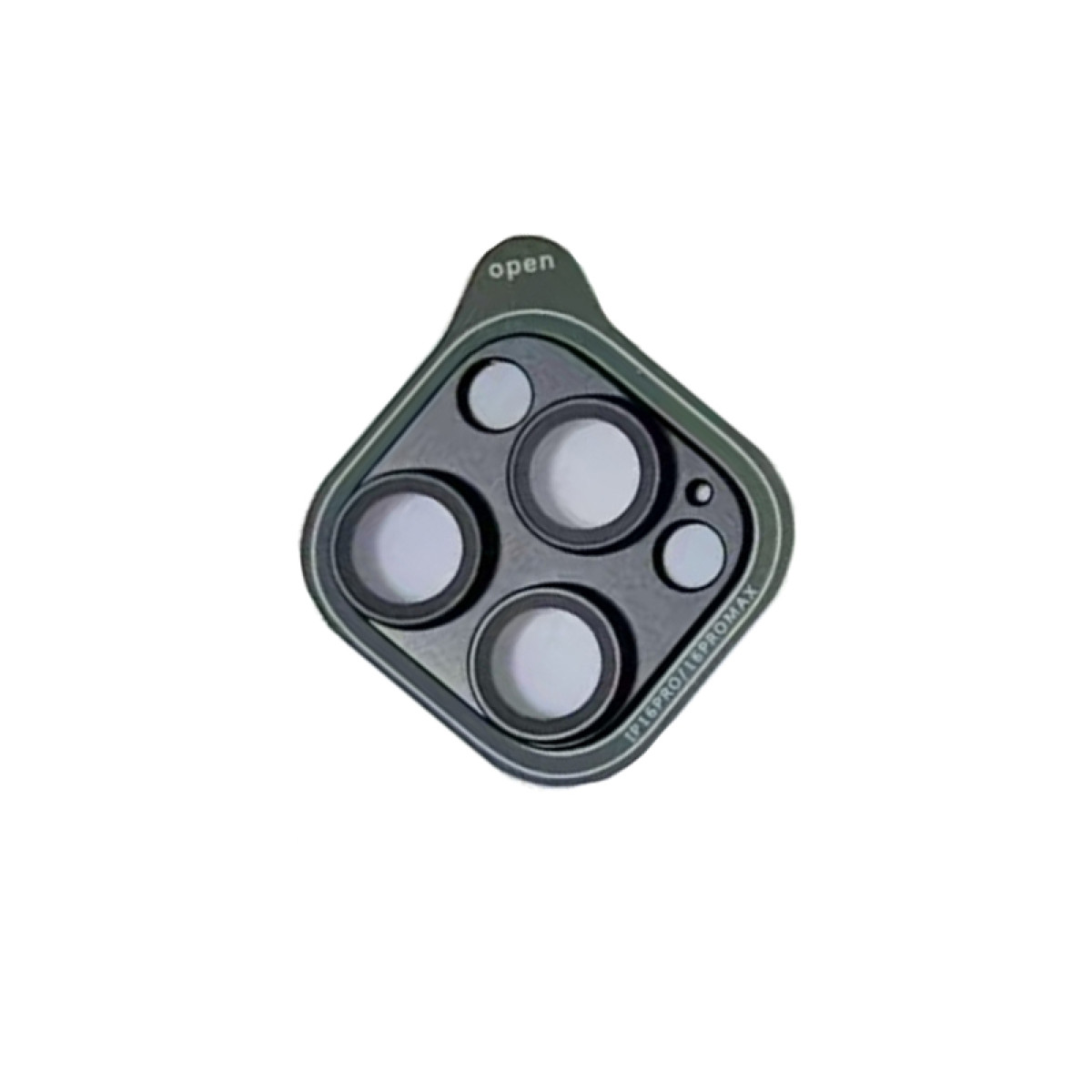Un proteggi-obiettivo per fotocamera del telefono grigio scuro con quattro aperture grandi e una piccola. La parola 'apri' in alto.