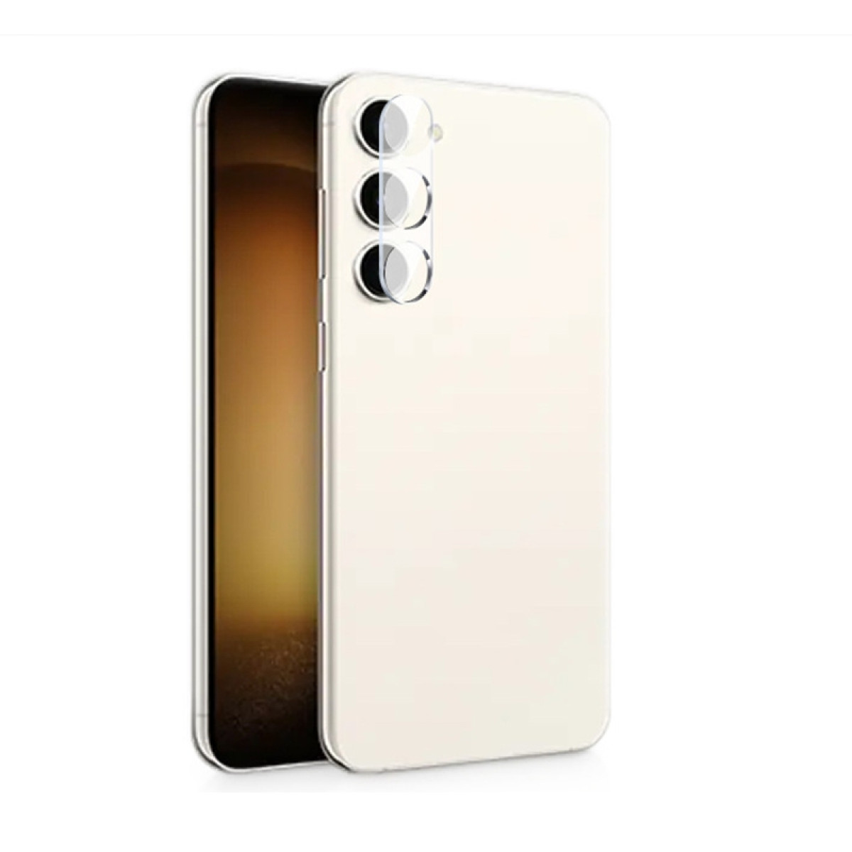Kremowy smartfon jest lekko otwarty, pokazując brązowy ekran. Tył ma trzy obiektywy.