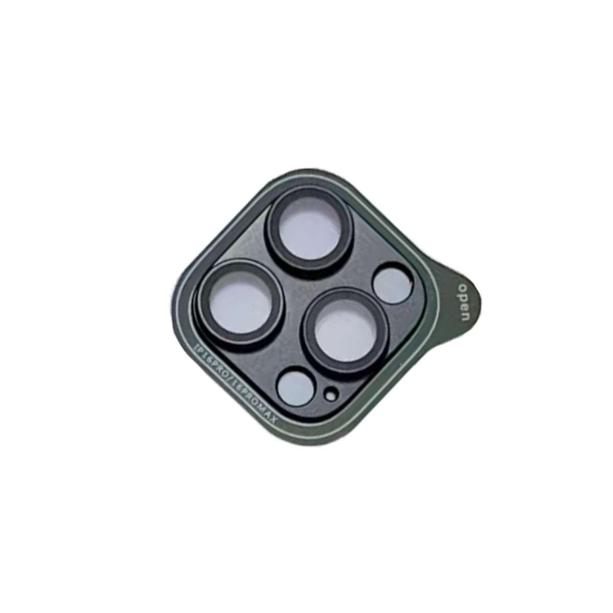 Un proteggi-lente per fotocamera del telefono con quattro lenti principali e una più piccola. La cornice è verde scuro con 'open'.