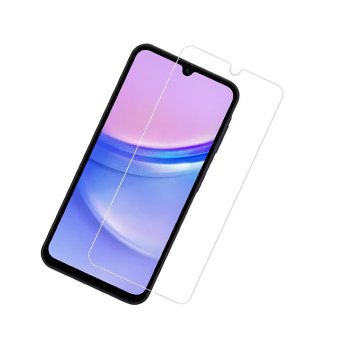 Smartfon z ochraniaczem ekranu. Telefon ma czarną ramkę, ekran fioletowo-niebieski gradient. Ochraniacz jest przezroczysty.