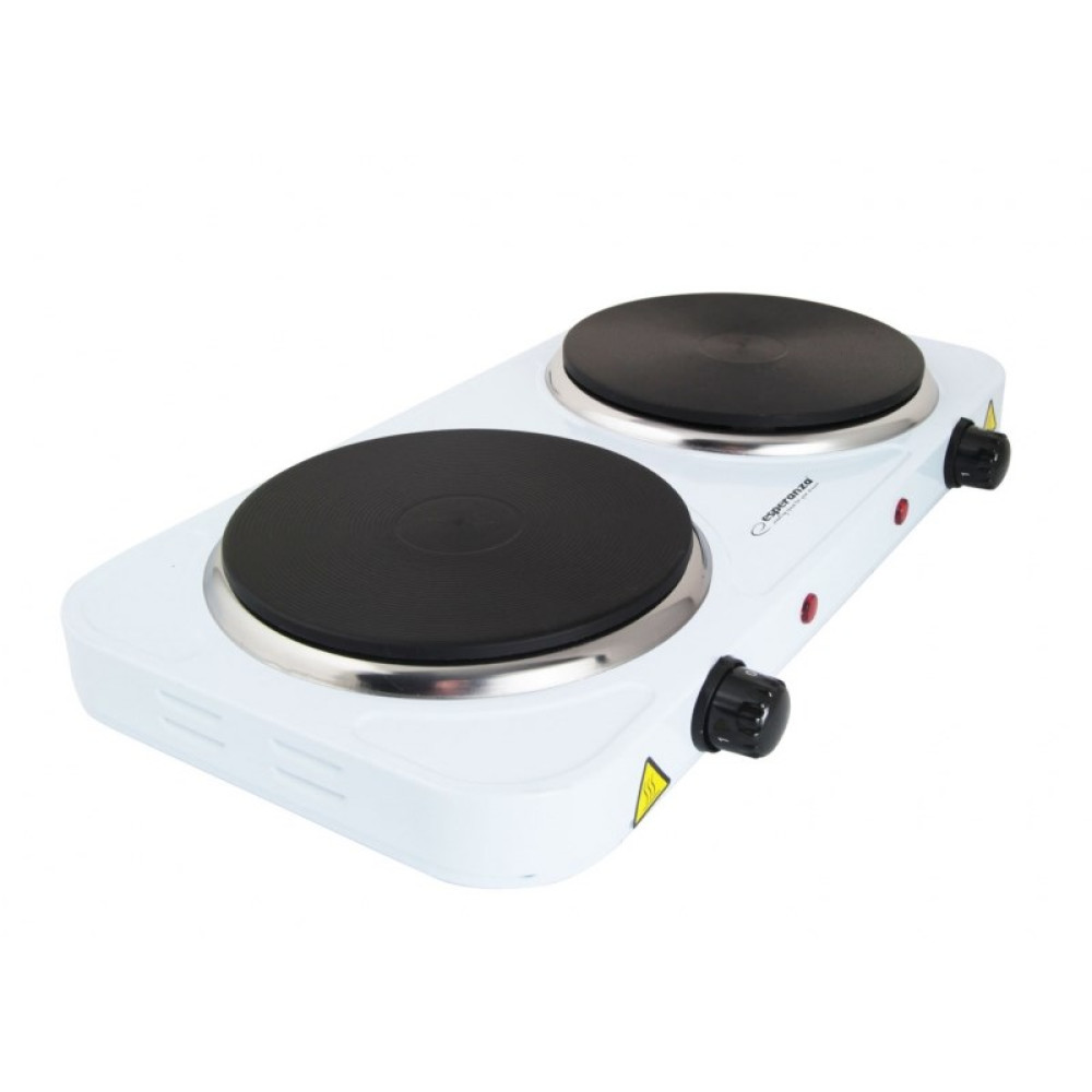 Biała podwójna kuchenka elektryczna z dwoma czarnymi płytami grzewczymi, pokrętłami i znakami ostrzegawczymi.