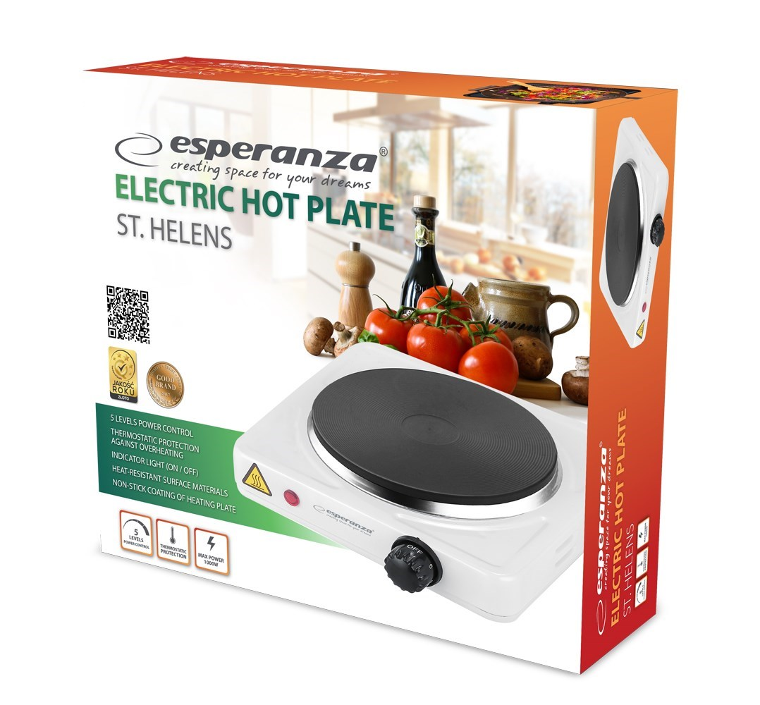 Biała elektryczna płyta grzejna z czarną powierzchnią grzewczą. Pudełko zawiera nazwę marki, produktu i scenę kuchenną.