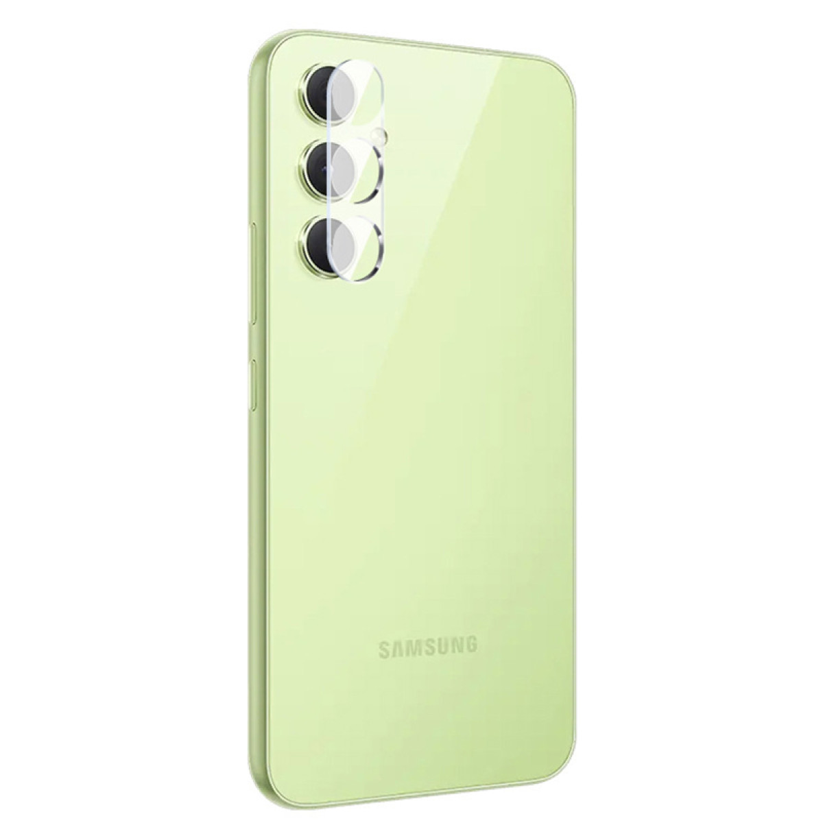 Jasnozielony telefon Samsung z trzema obiektywami aparatu chronionymi przez przezroczyste osłony.