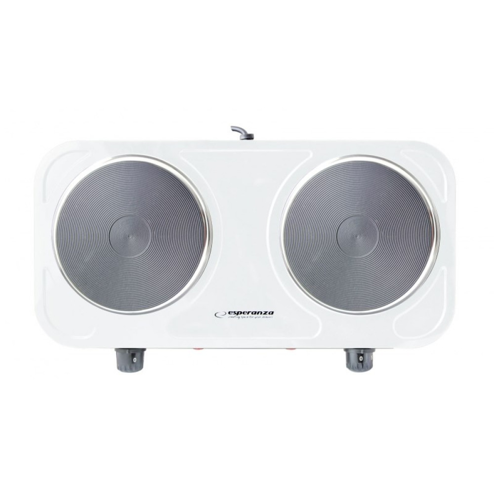 Biała podwójna kuchenka elektryczna Esperanza z dwoma szarymi elementami grzejnymi. Pokrętła są na dole. Tło jest białe.