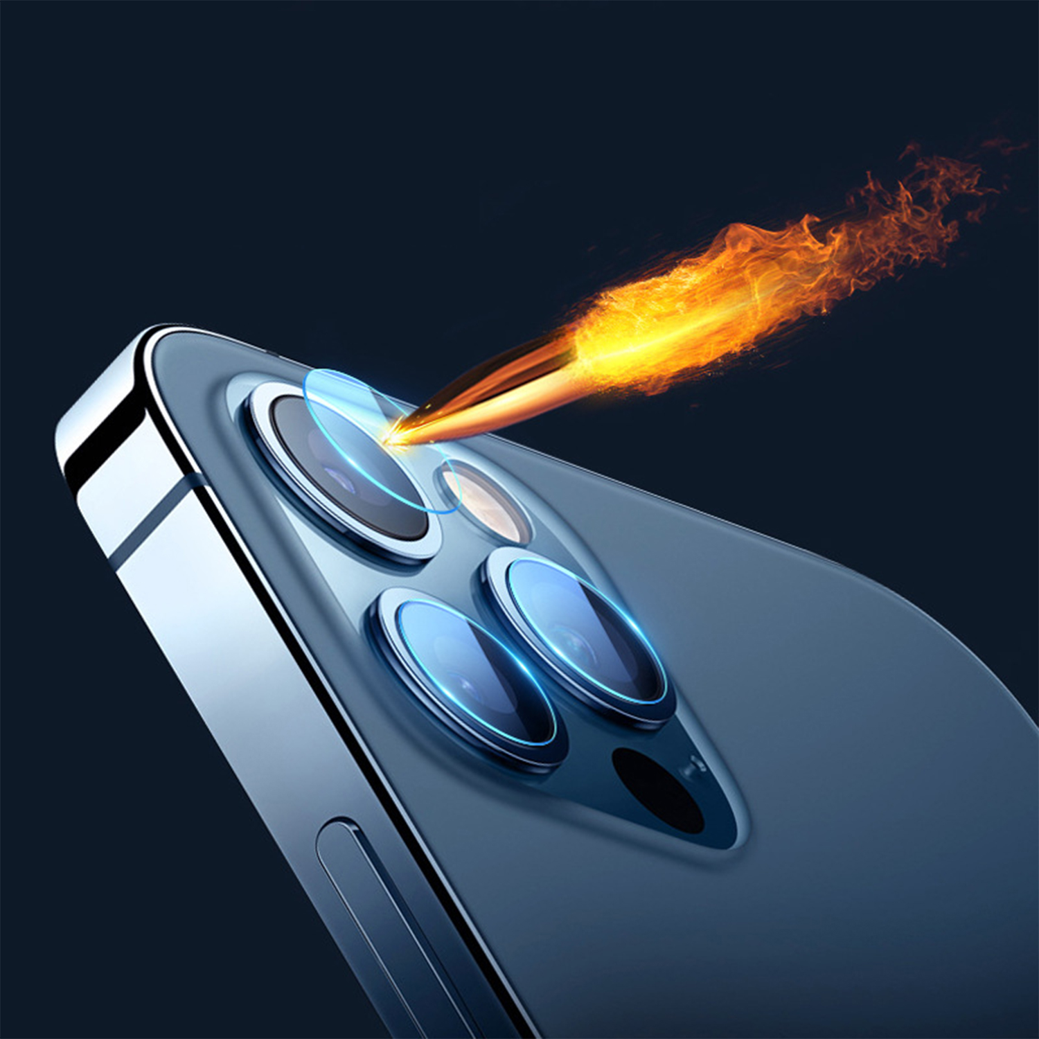 Zbliżenie niebieskiego smartfona z wieloma obiektywami. Efekt płomienia emanuje z obiektywów na ciemnoniebieskim tle.