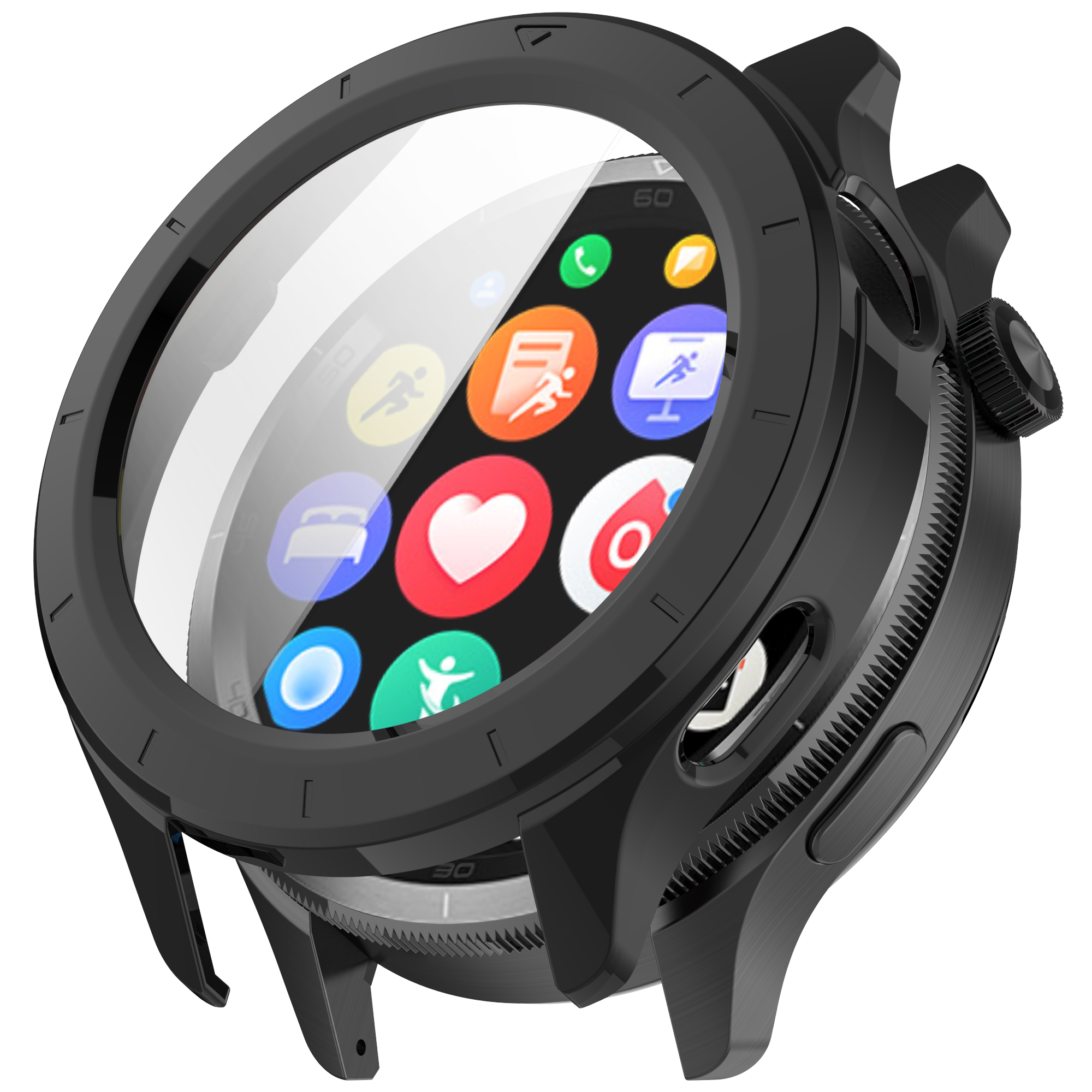 Czarny smartwatch z przezroczystym ekranem wyświetlającym kolorowe ikony aplikacji. Zegarek ma ochronną ramkę i obrotową tarczę.