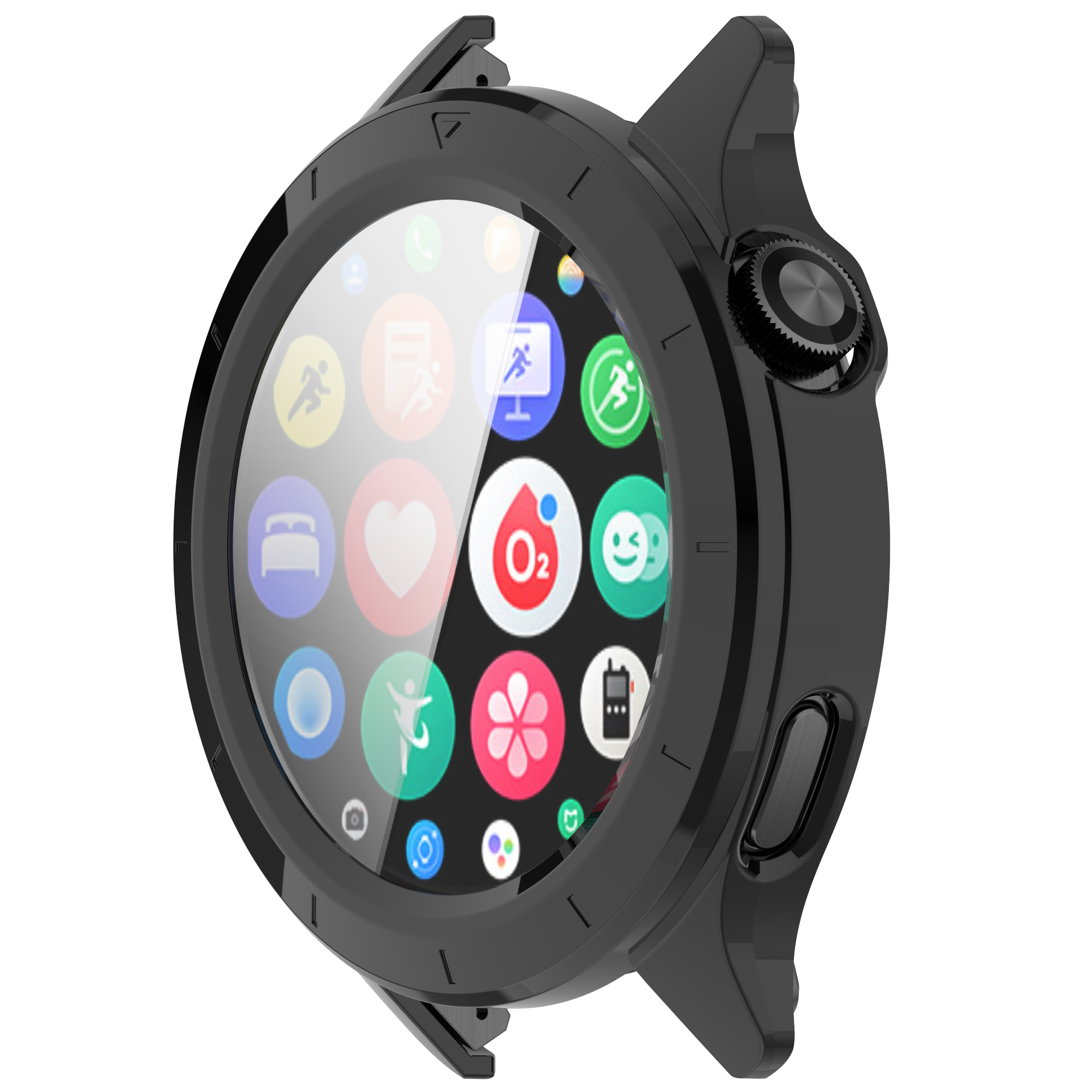 Czarny smartwatch z okrągłym ekranem wyświetlającym ikony aplikacji. Posiada obrotową tarczę i boczny przycisk.