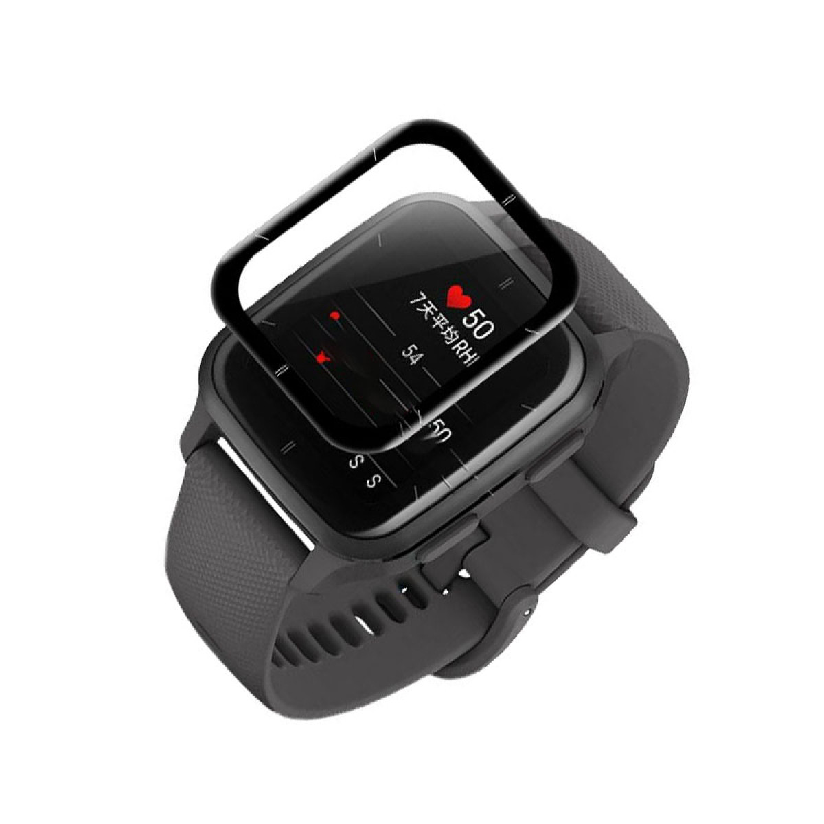 Uno smartwatch scuro mostra le metriche sanitarie. Ha uno schermo protettivo. Il cinturino è grigio e fissato su uno sfondo bianco.