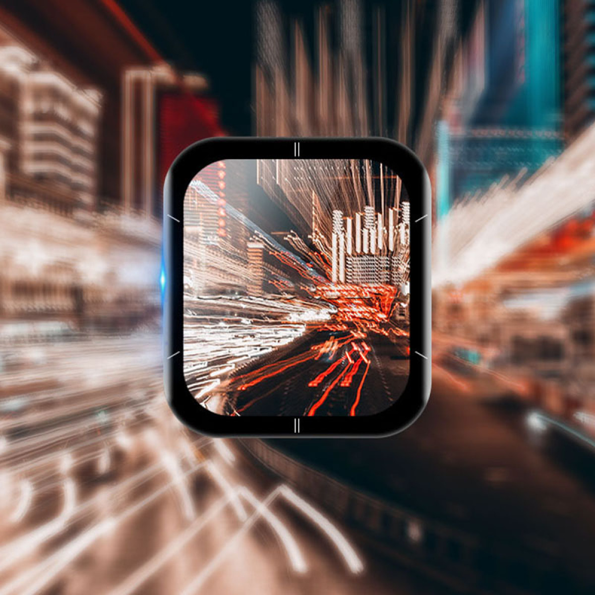 Uno smartwatch mostra una scena cittadina con luci sfocate. Lo sfondo mostra edifici e scie luminose, creando un senso di velocità.