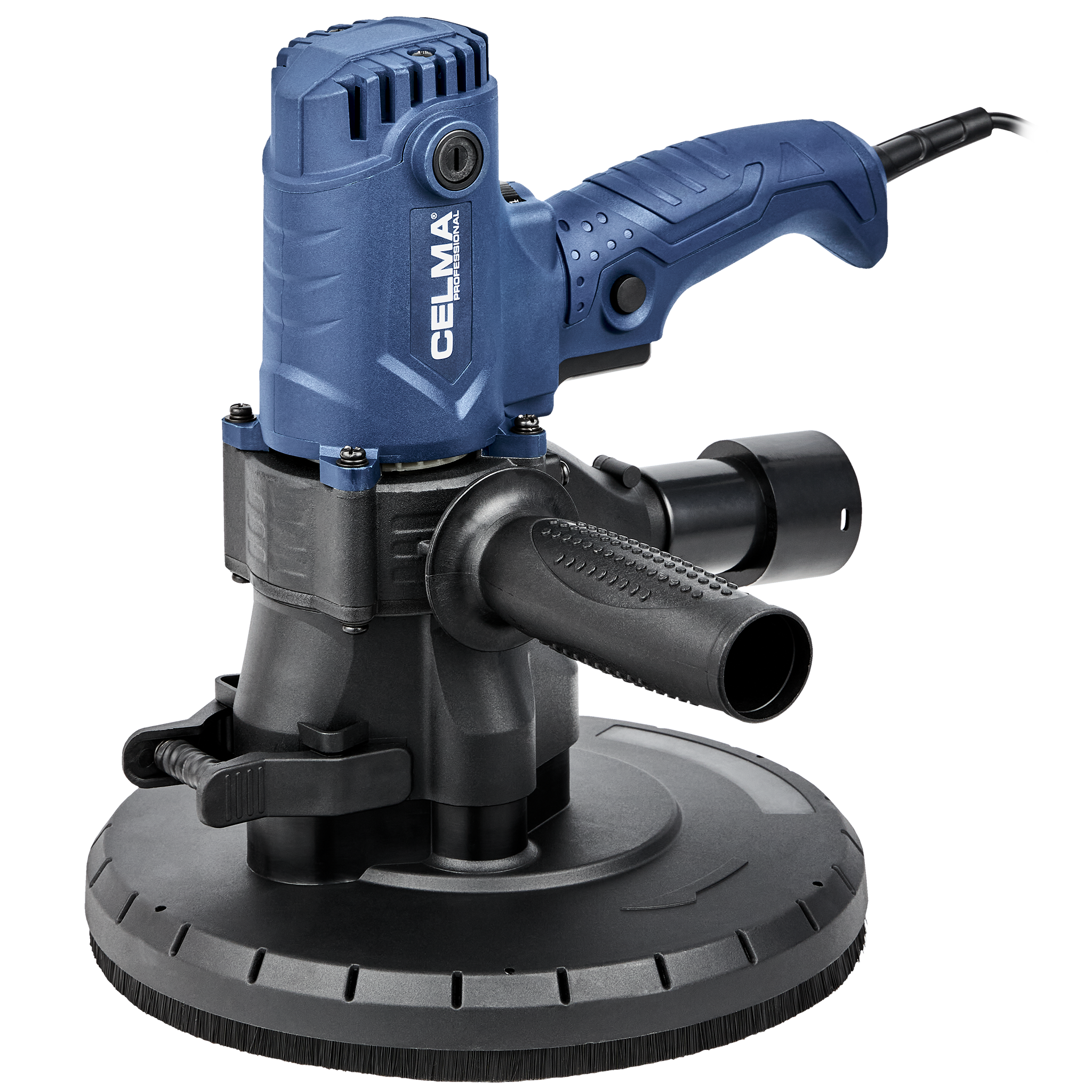 Narzędzie elektryczne w kolorze niebieskim i czarnym. Ma dysk ze szczotką, uchwyt i górną obudowę. Marka Celma.