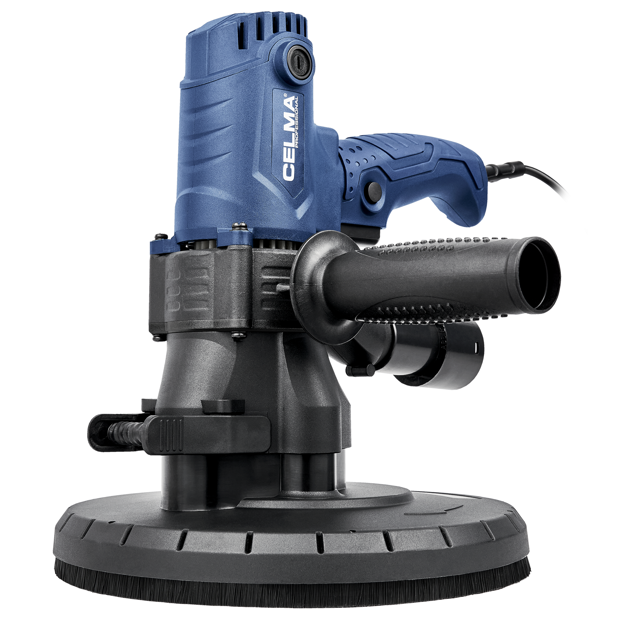 Niebiesko-czarna profesjonalna polerka. Ma obrotową podstawę ze szczeciną i uchwytem.