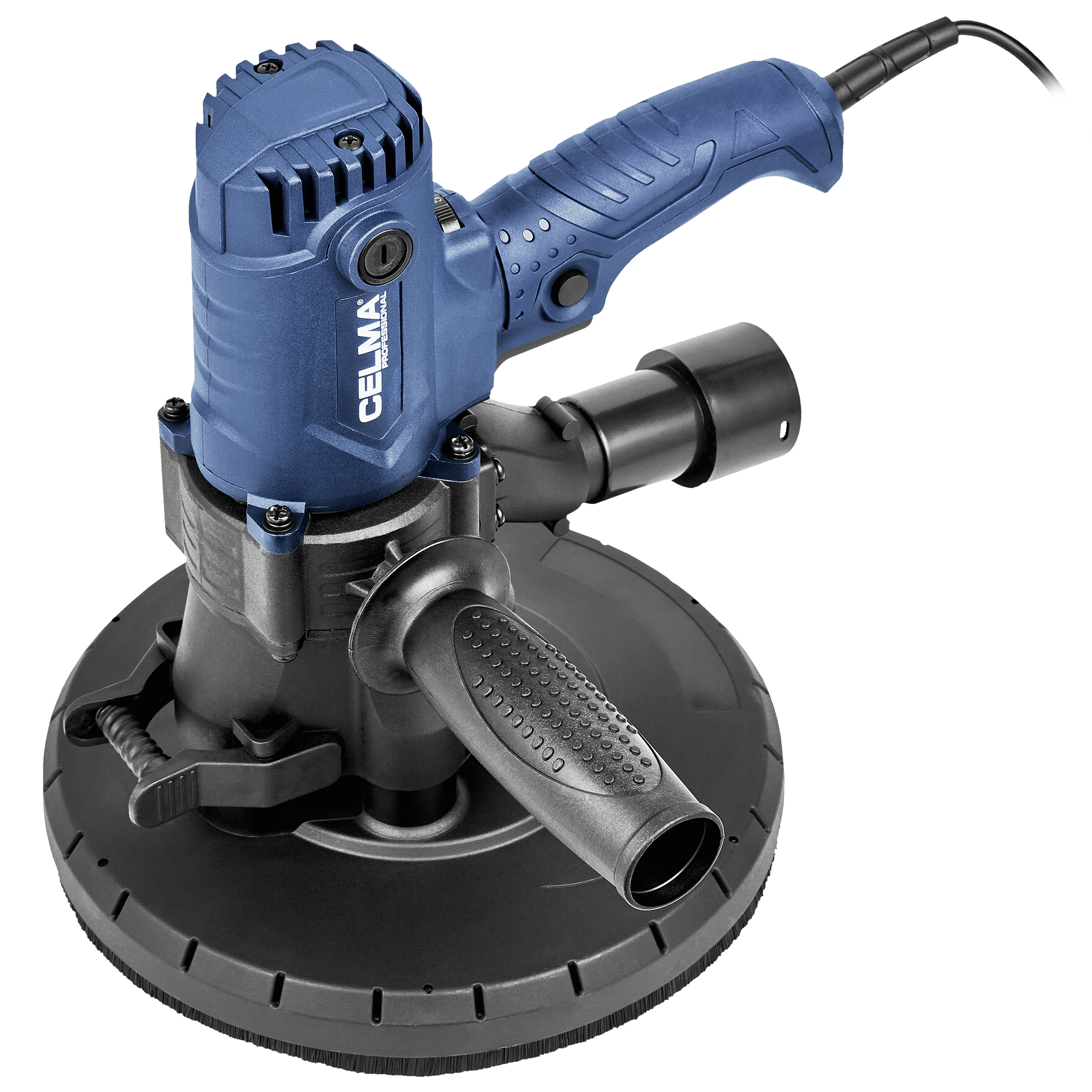 Niebieska i czarna szlifierka elektryczna. Ma tarczę, uchwyt i mocowanie węża. Marka to CELMA.